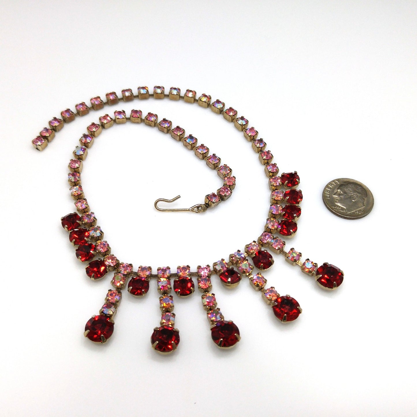 Red Pink Aurora Borealis Rhinestone Choker Necklace, 14 1/2 Inches, 1950s Vintage Jewelry