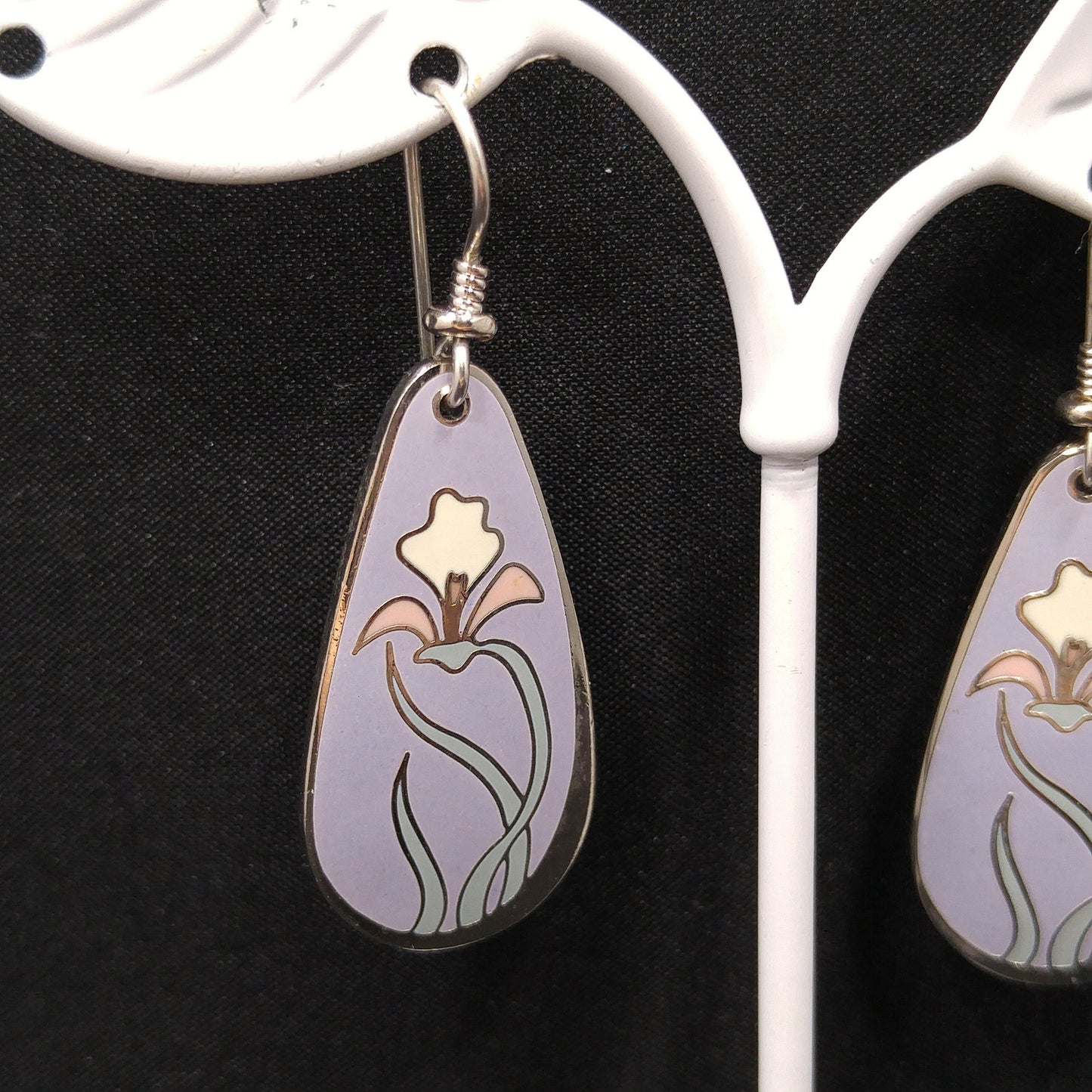 Laurel Burch "Wild Iris" Cloisonne Earrings, Lavender Enamel, White & Pink Flower, Rhodium Plate, 1980s Vintage Jewelry