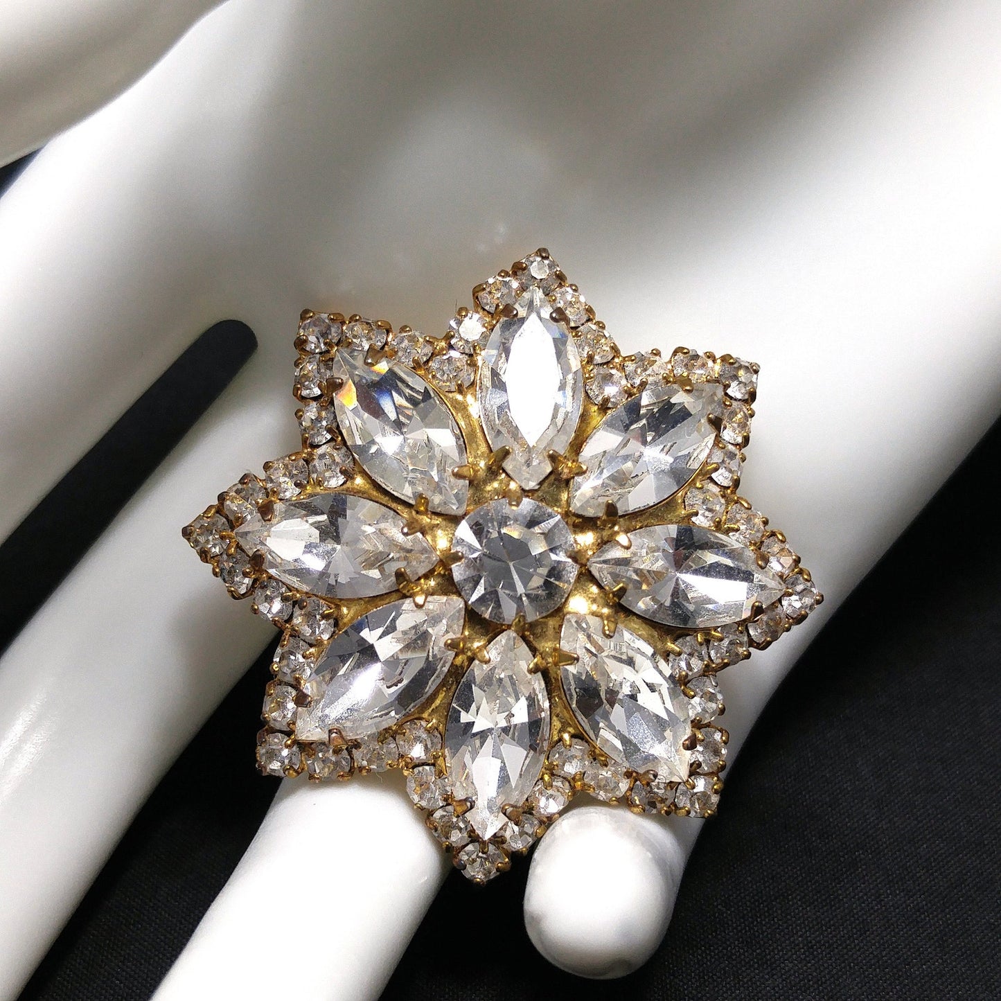 Eisenberg Ice Clear Rhinestone Flower Brooch, Gold Plated, 1960s Vintage Jewelry