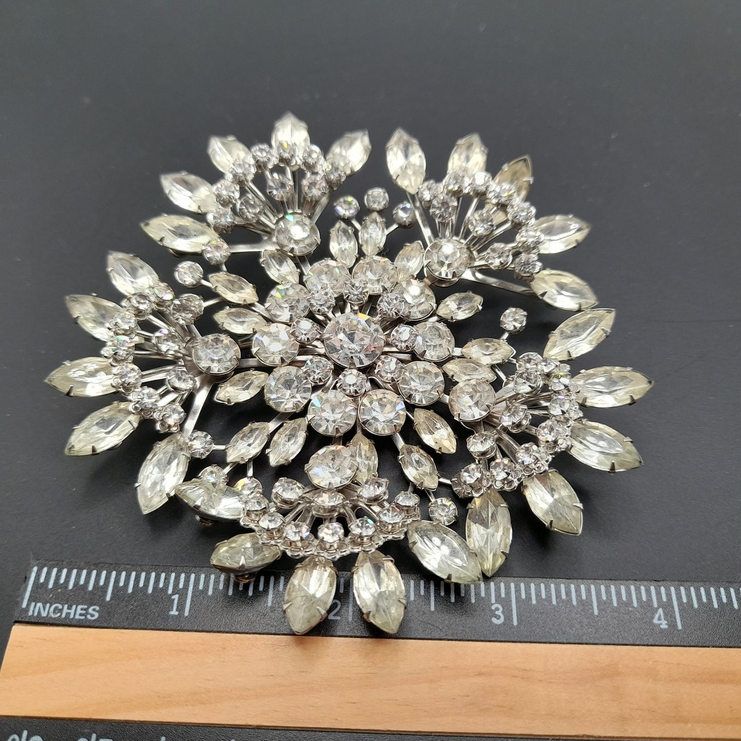 Vintage 1950s Large Floral Wedding Brooch, 4", Riveted Petals, Silver Tone