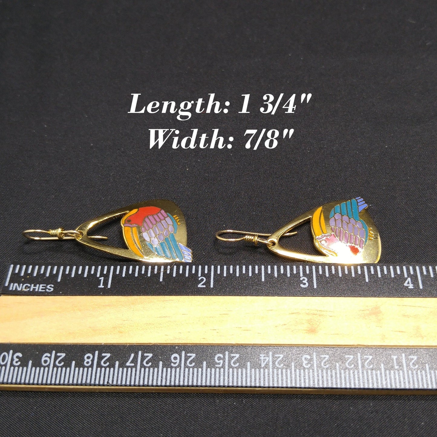 Laurel Burch Toucan Bird Earrings, Gold Plated Cloisonne Enamel, 1980s Vintage Jewelry