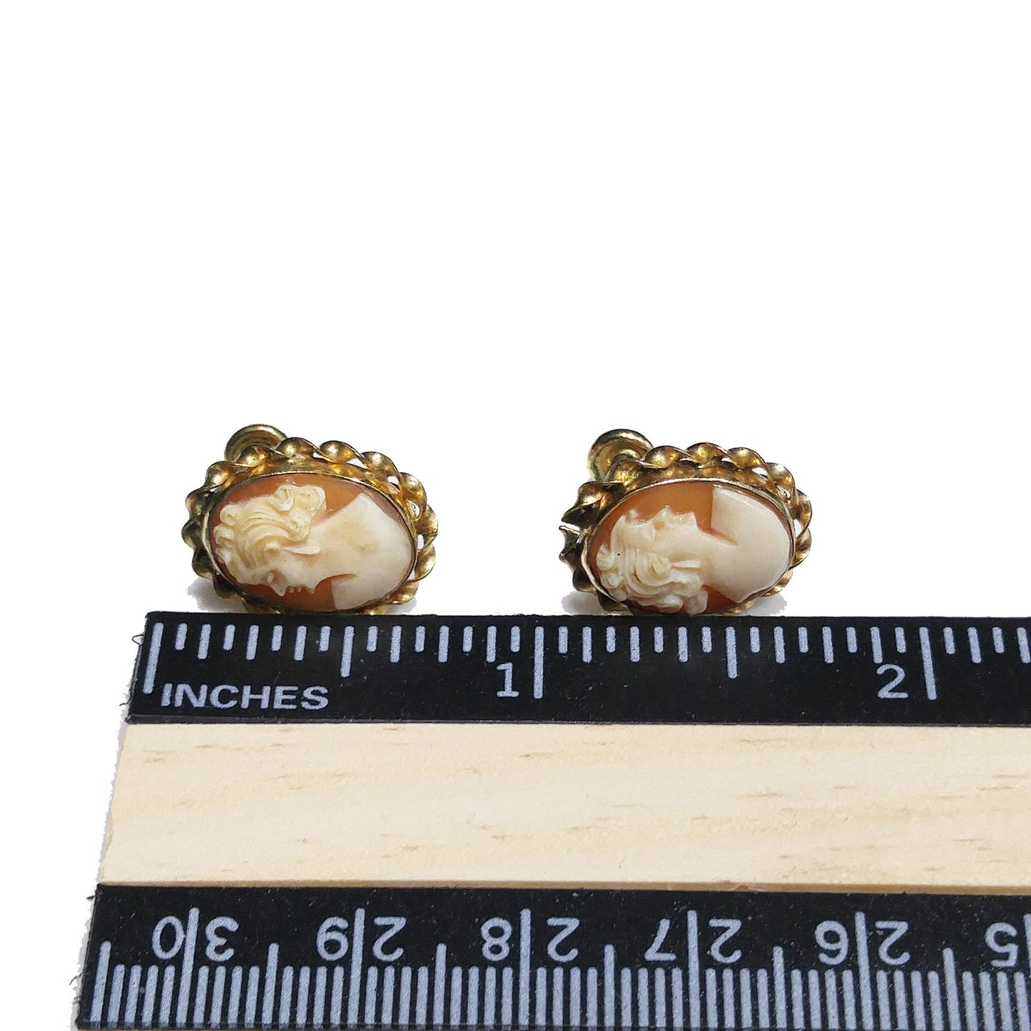CM Carved Cameo Shell Earrings, Gold Filled, 1940s Vintage Jewelry