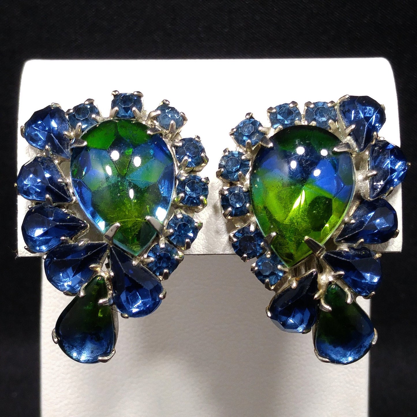 Weiss Blue Green Rhinestone Earrings, Rhodium Plated, 1950s Vintage Jewelry