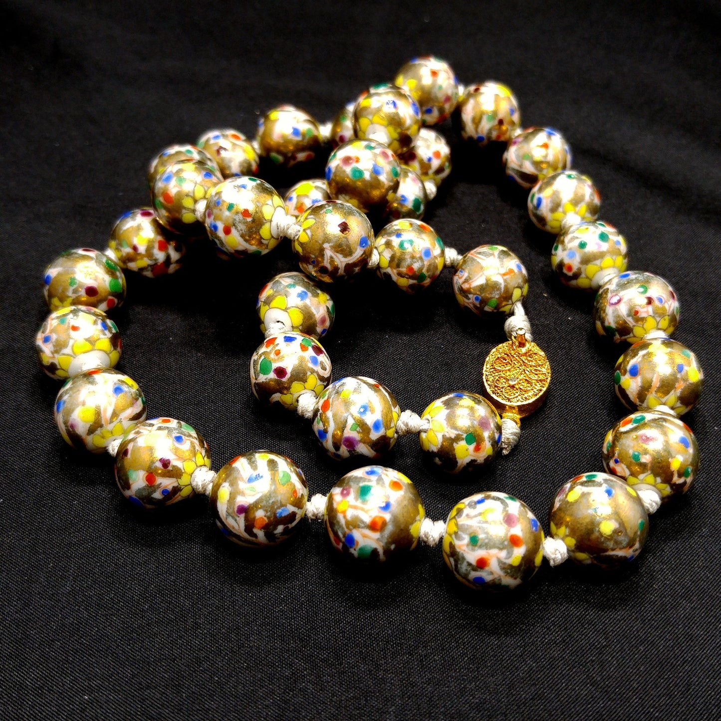 Vintage Chinese Hand Knotted Beaded Necklace, Hand Painted Floral Beads, 1940s Vintage Jewelry
