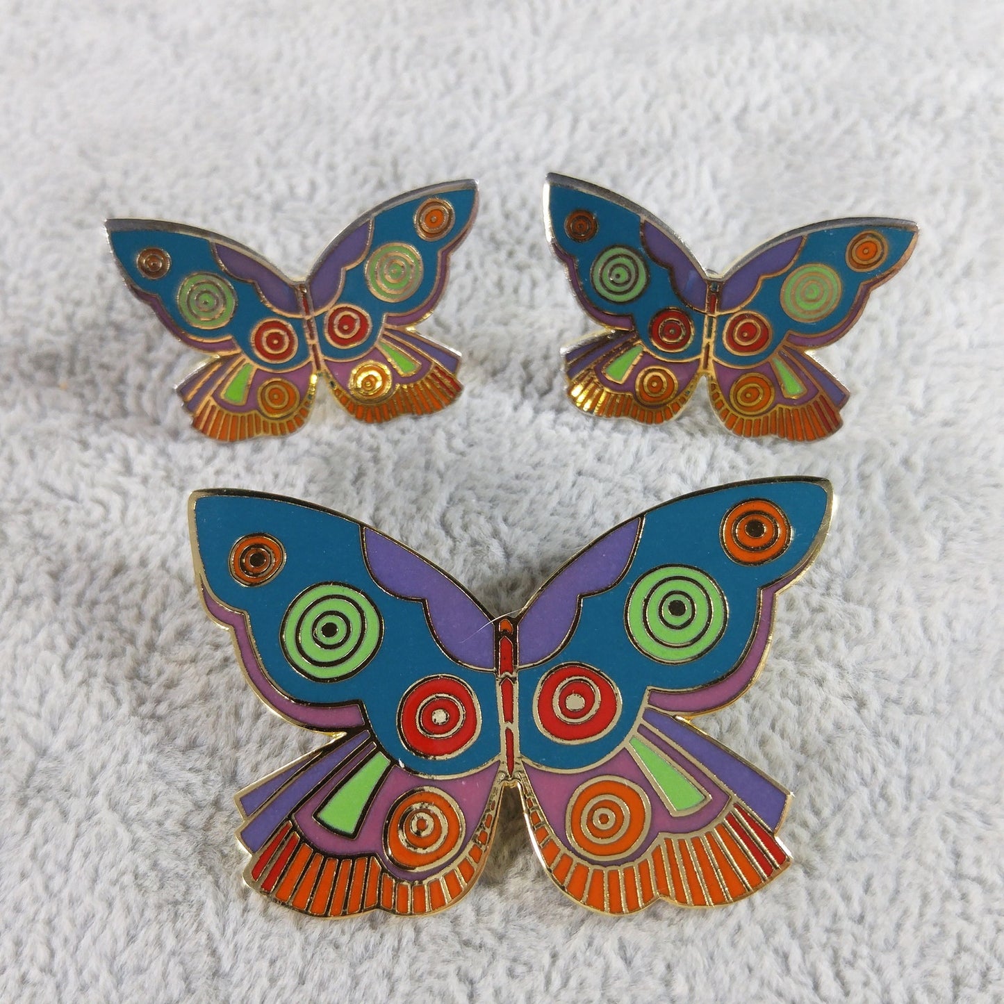 Laurel Burch "Summer Butterfly" Brooch & Earrings, Gold Plated Cloisonne' Enamel, 1980s Vintage Jewelry