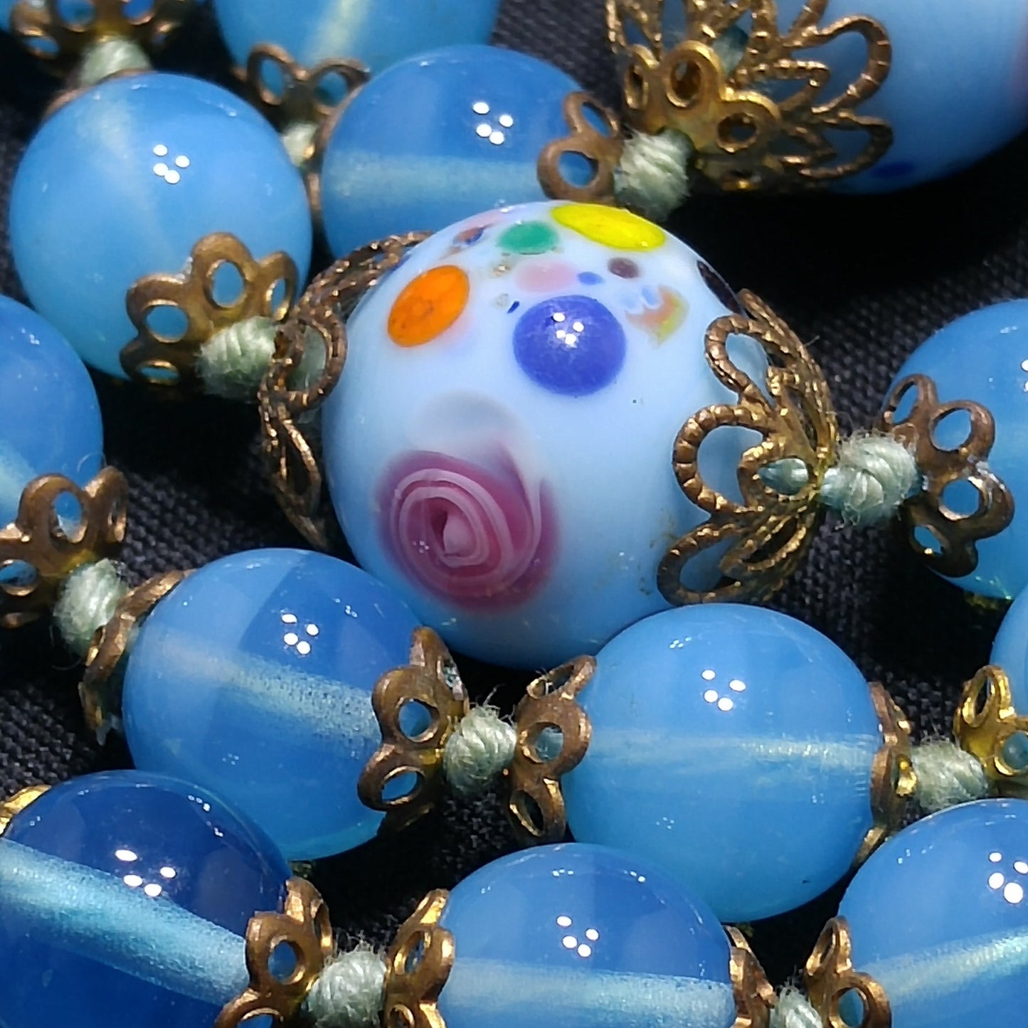 Murano Bead Hand Knotted Necklace, Three Wedding Cake Beads, 1950s Vintage Jewelry