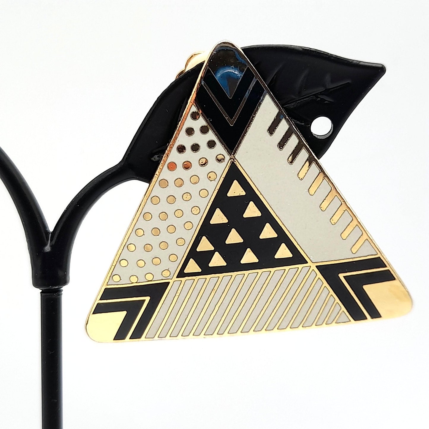 Laurel Burch Large Geometric Clip Earrings, Black White Enamel, Gold Plated, 1980s Vintage Jewelry