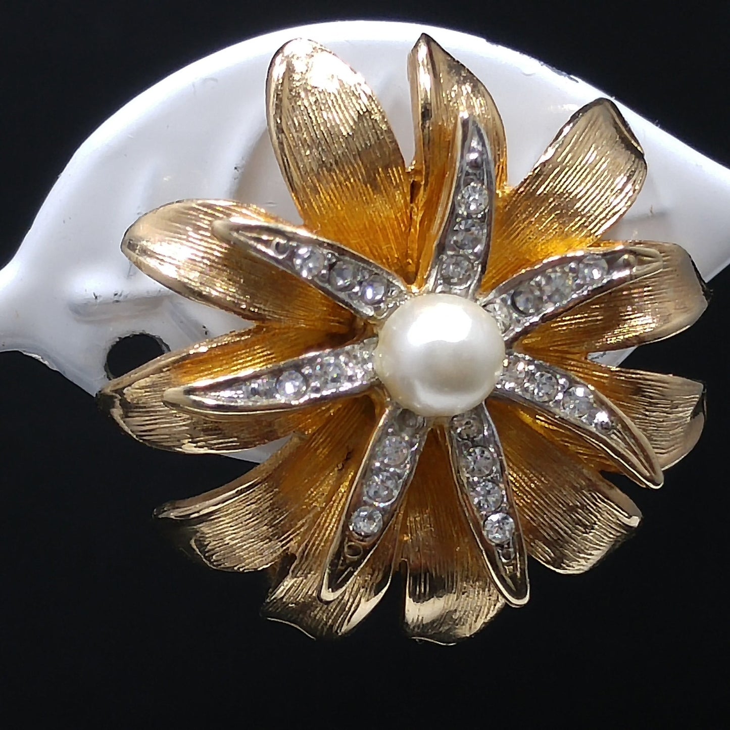 Kramer Floral Rhinestone Brooch & Earrings, Gold Plated, Faux Pearls, 1960s Vintage Jewelry