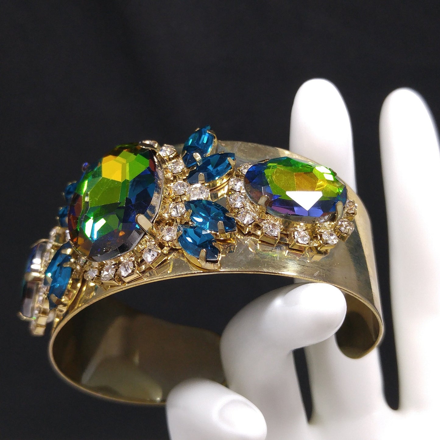 Brass Cuff Bracelet, Watermelon Crystal Rhinestones, Golden Brass, Clear & Sapphire Blue Rhinestones, Vintage Jewelry