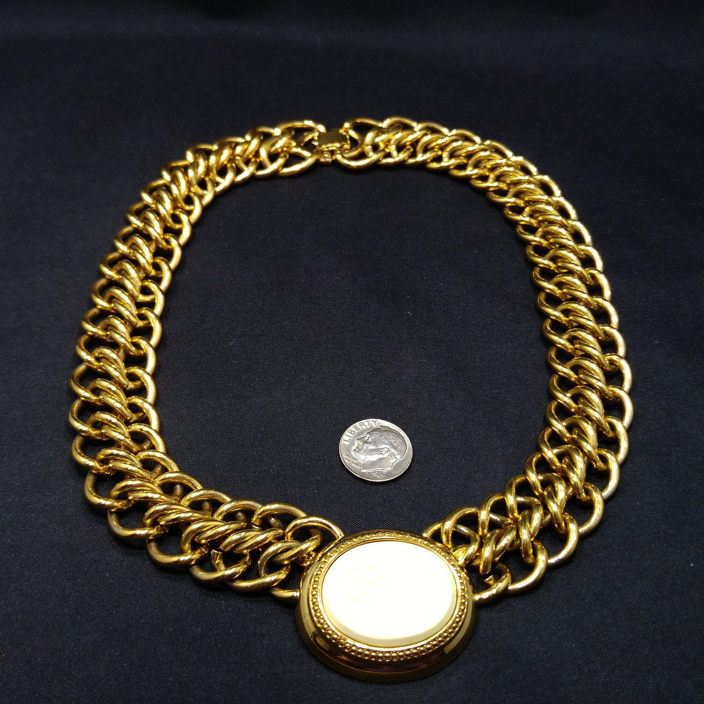 Vintage Monet Necklace, Faux Stone Lucite Pendant, 22K Gold Plated, 18" Length, 1980s Vintage Jewelry