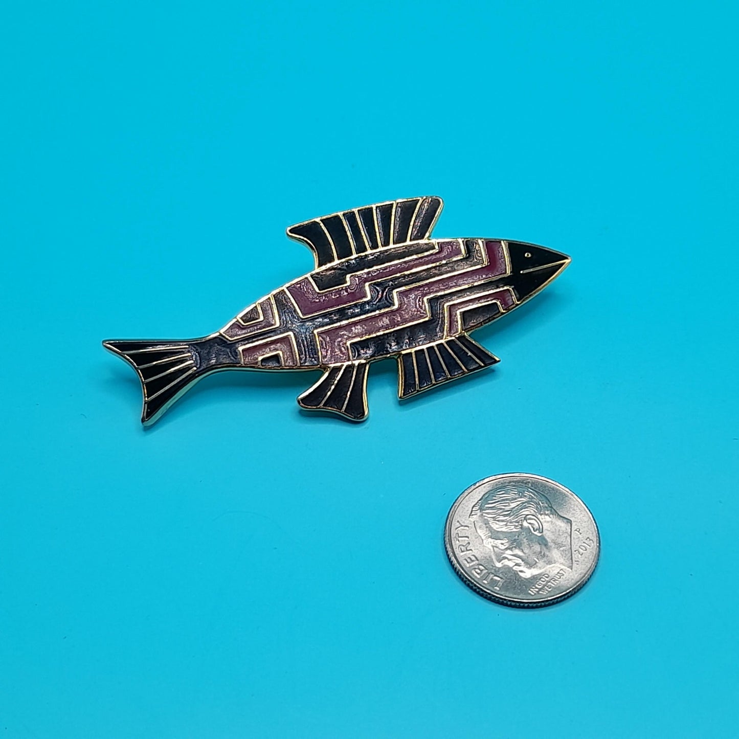 Vintage Laurel Burch "FISH" Brooch, Gold Plated, Black Brown Enamel, 1980s