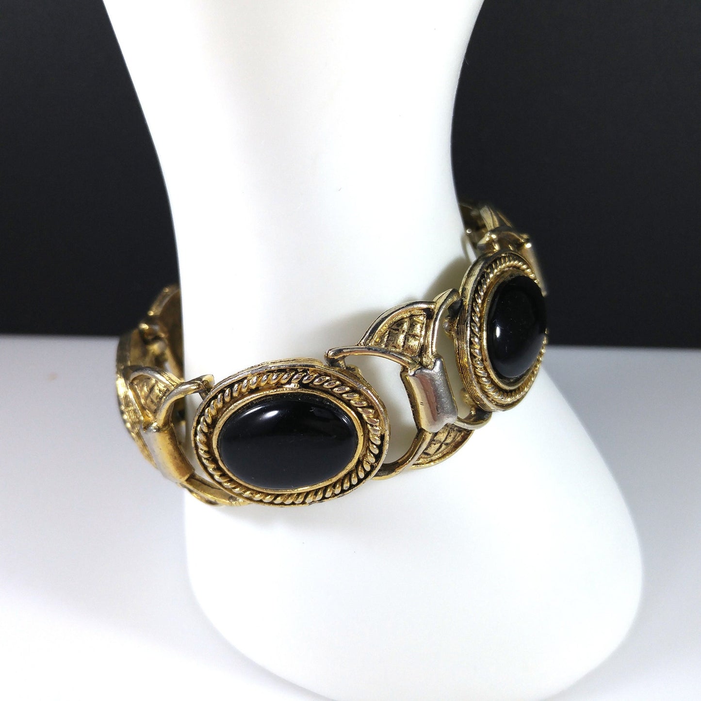 Mid-Century Black Glass Link Bracelet, Gold Plated, 1950s Vintage Jewelry