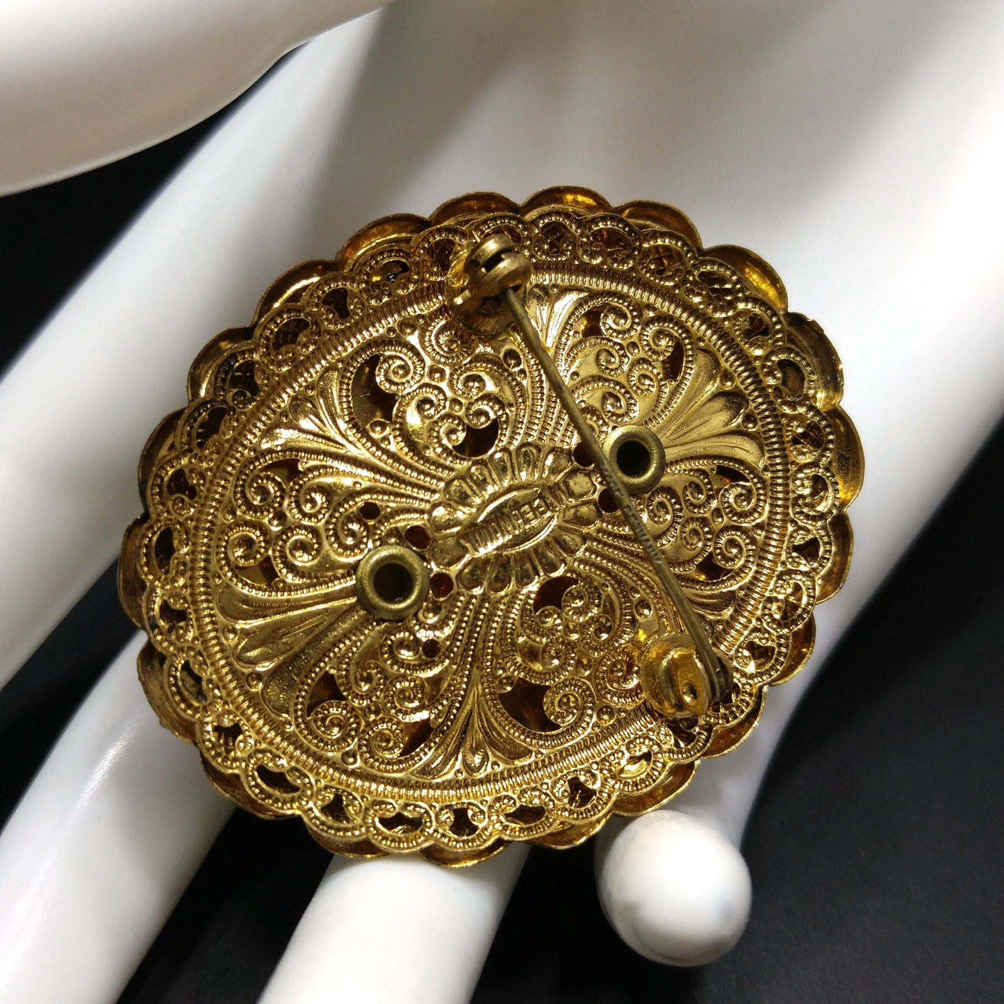 West Germany Beige Art Glass Filigree Brooch, Scalloped Edges, Champagne Rhinestones, 1950s Vintage Jewelry
