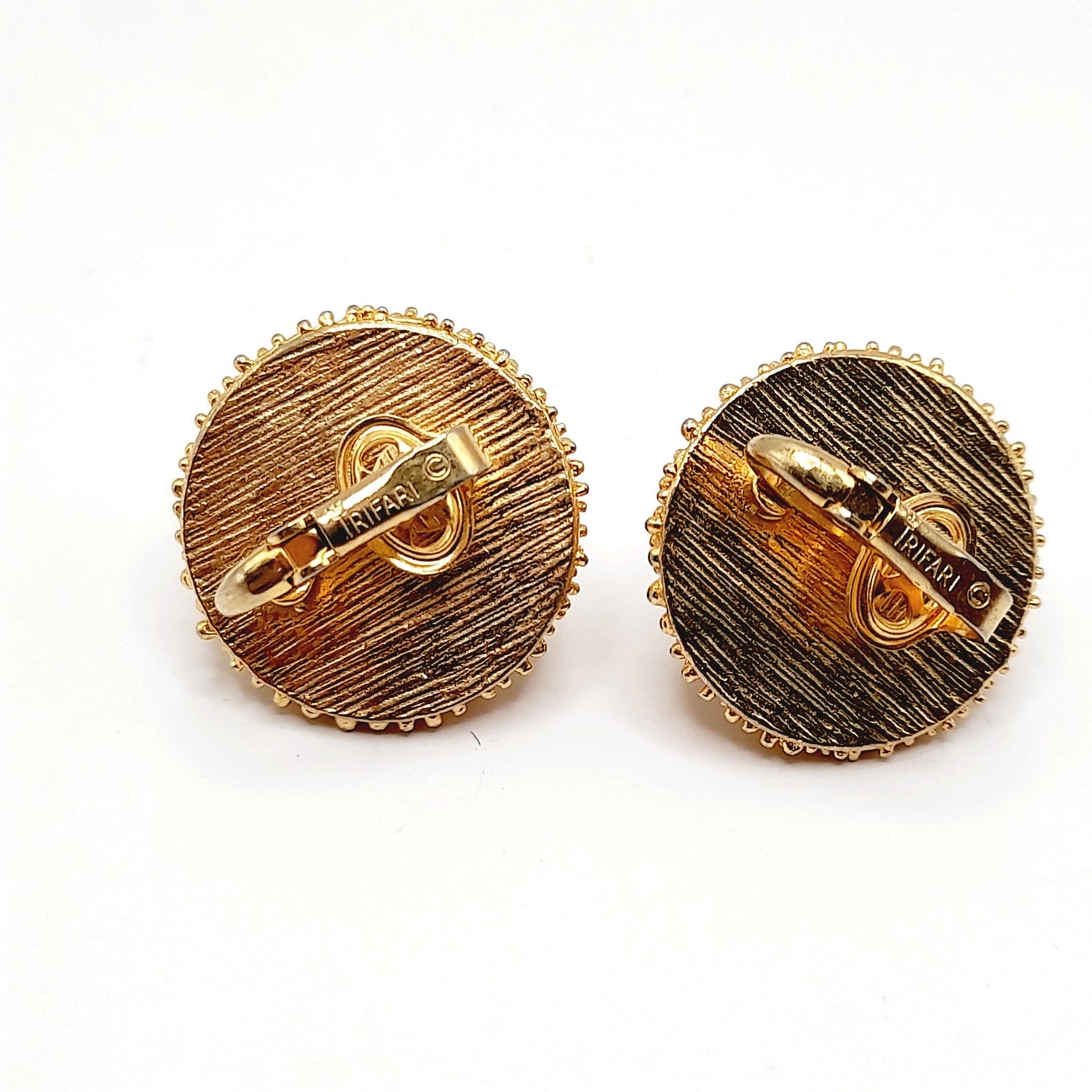 Vintage Crown Trifari Gold Clip Earrings, Brutalist Beaded Design w/ Faux Pearl