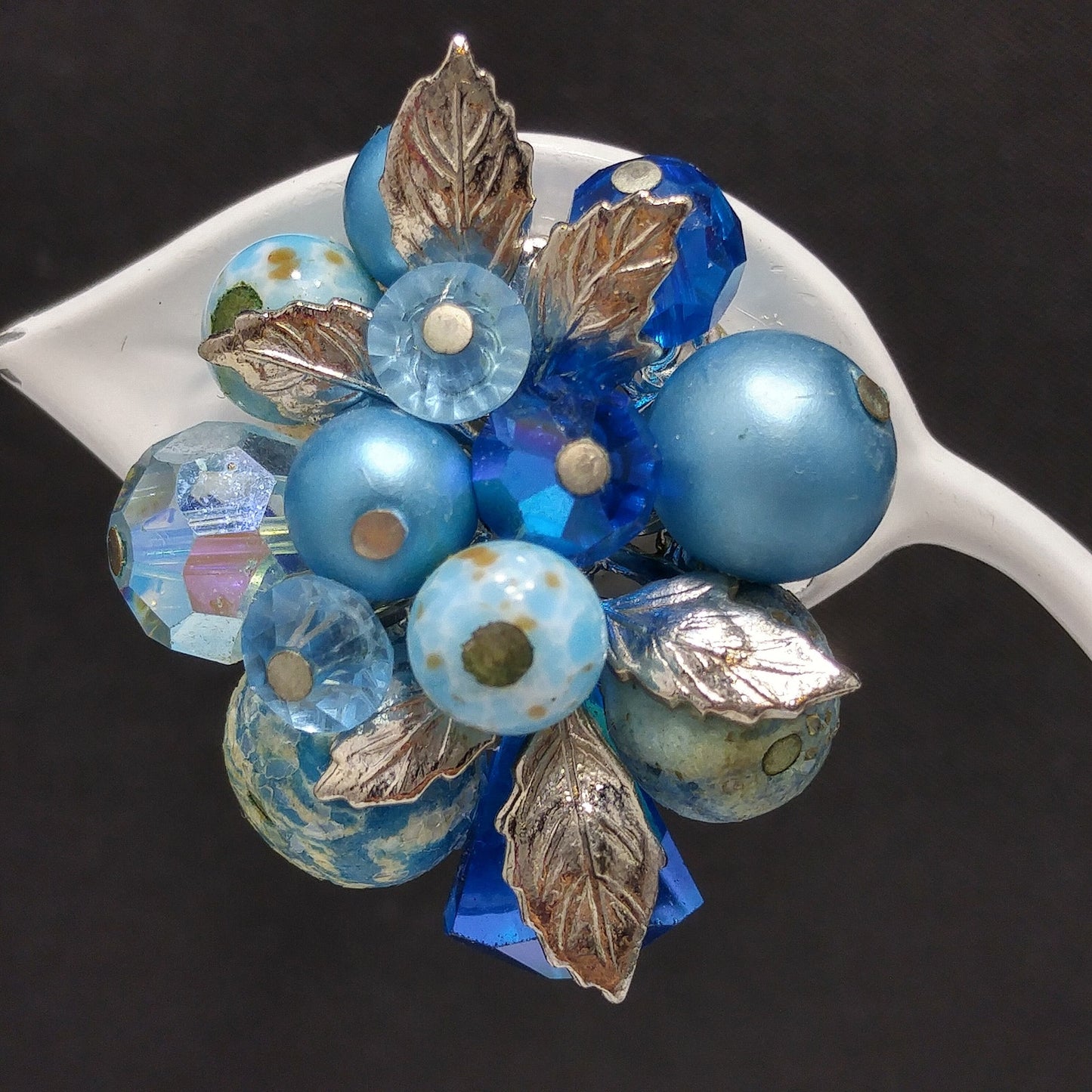 Vendome Blue Beaded Clip Earrings, Aurora Borealis, Silver Leaves, 1960s Vintage Jewelry