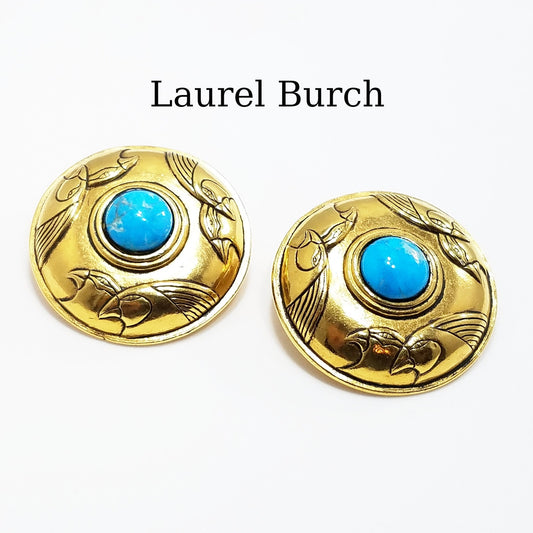Laurel Burch Turquoise & Gold Bird Earrings, Gemstone, Gold Plated, 1980s