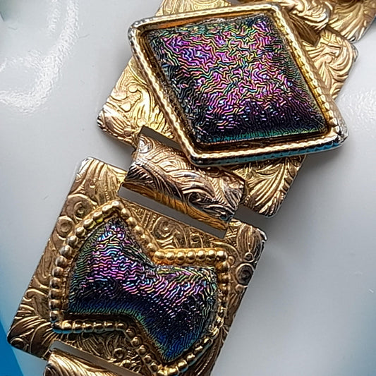 Vintage Dichroic Glass Book Chain Bracelet, Gold Tone, Iridescent Stones, 1950s, 7"