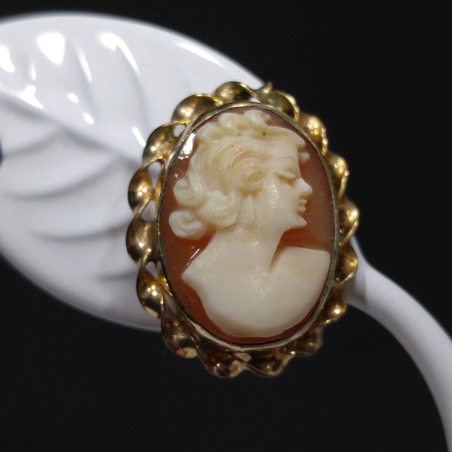 CM Carved Cameo Shell Earrings, Gold Filled, 1940s Vintage Jewelry