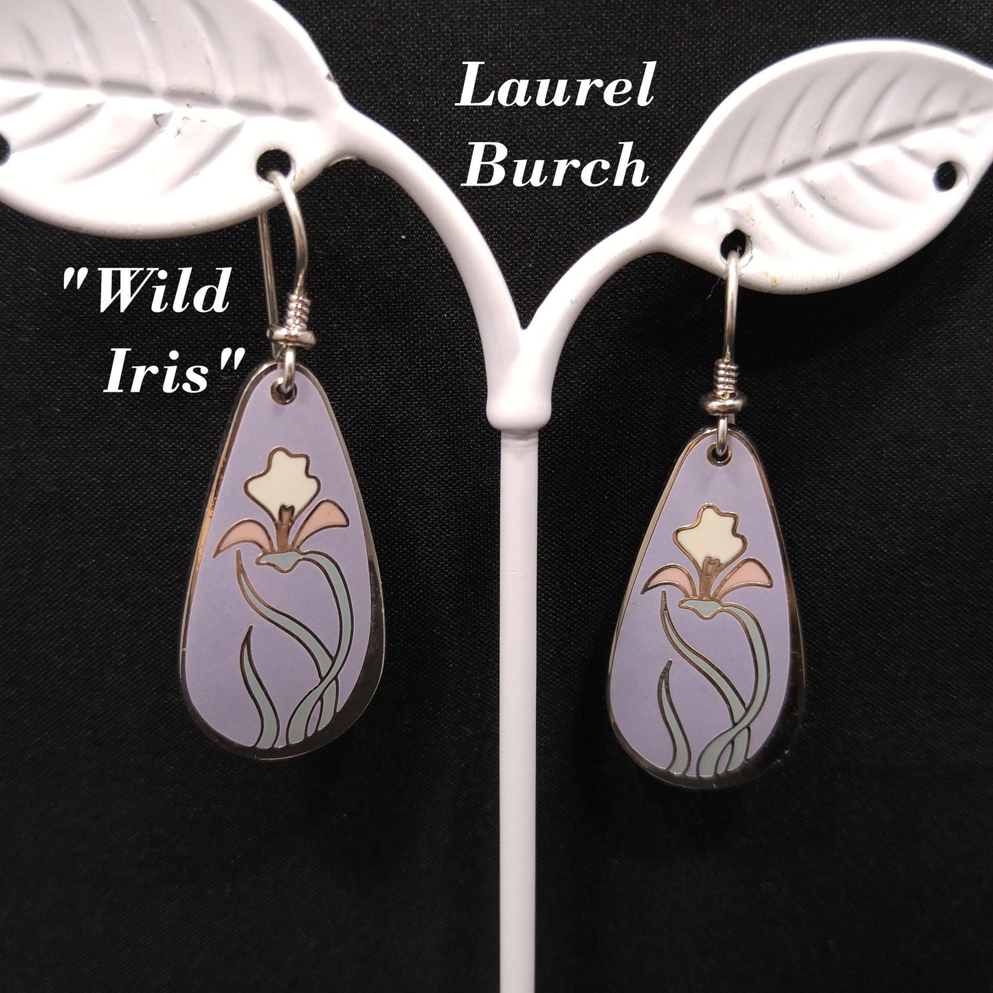 Laurel Burch "Wild Iris" Cloisonne Earrings, Lavender Enamel, White & Pink Flower, Rhodium Plate, 1980s Vintage Jewelry
