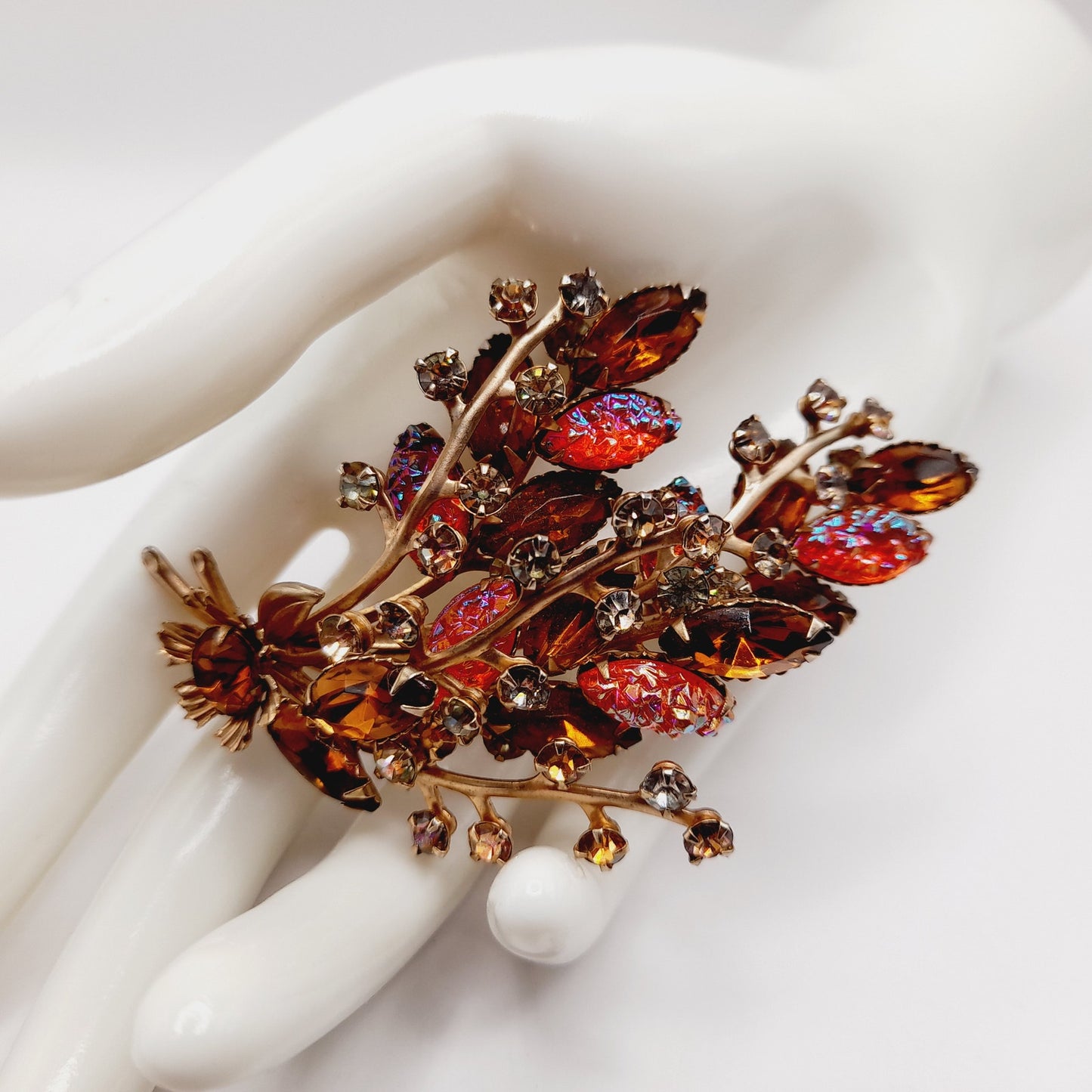 Vintage Amber Orange Rhinestone Leaf Brooch, 3D Layered, 1950s