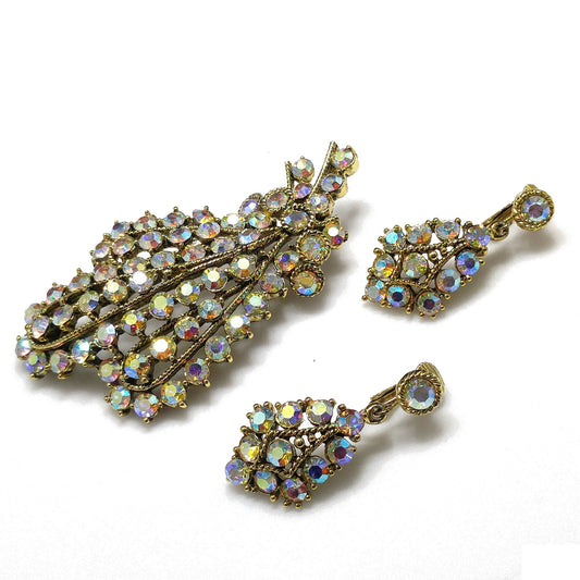 Aurora Borealis Rhinestone Floral Brooch Earrings, Rhinestone Gold Plated, 1960s Vintage Jewelry