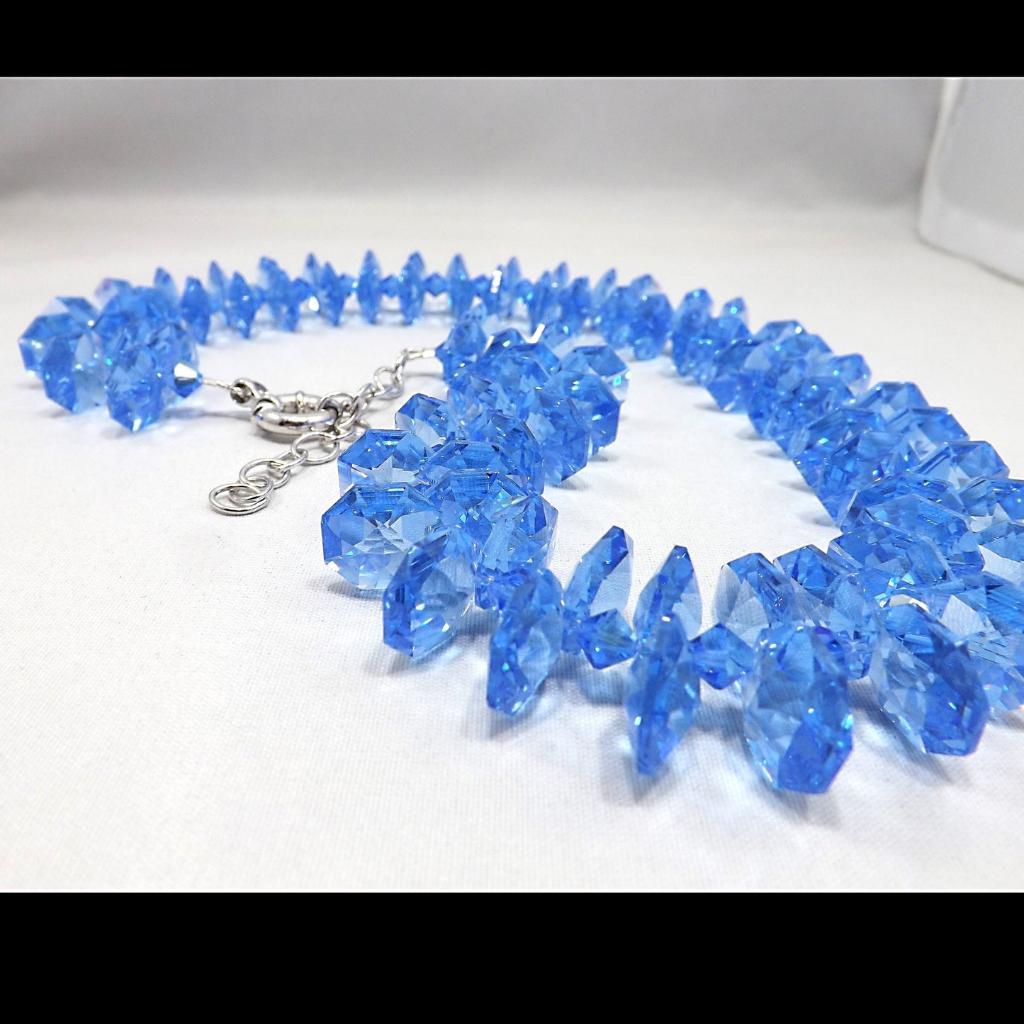Blue Austrian Crystal Necklace, Side Hole Beads, 925 Silver Clasp, 1990s Vintage