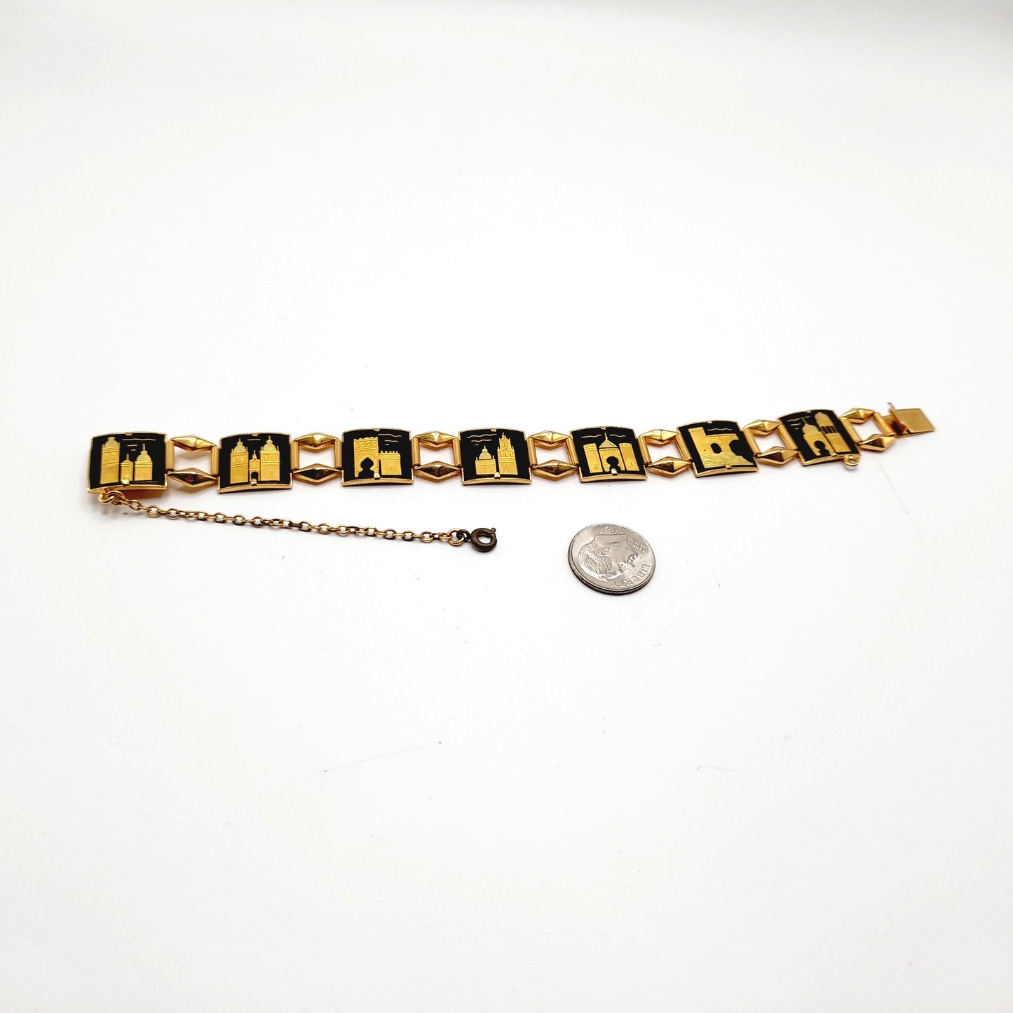 Vintage Damascene Castle Link Bracelet, Spanish Gold Black Jewelry, 7 Inch Chain