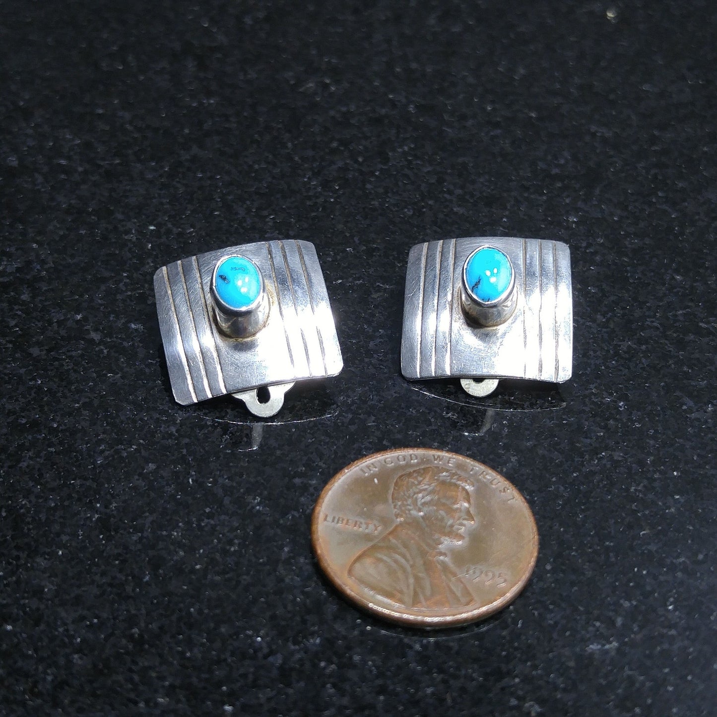 Navajo Frank Ramone Sterling Turquoise Earrings, Small Clip On Earrings, 1970s Vintage Jewelry