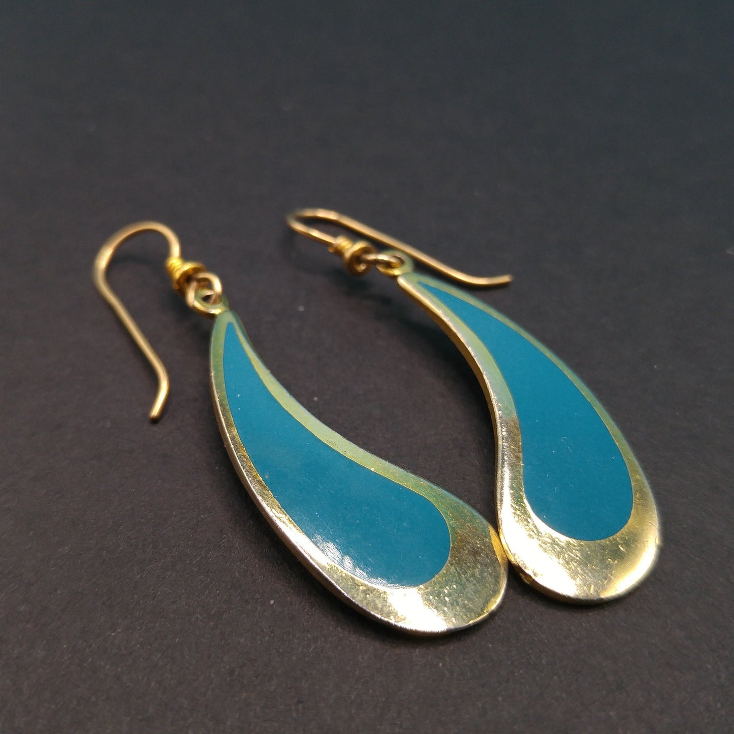 Vintage Laurel Burch Turquoise Drop Earrings, Curved Teardrop, Gold Plated