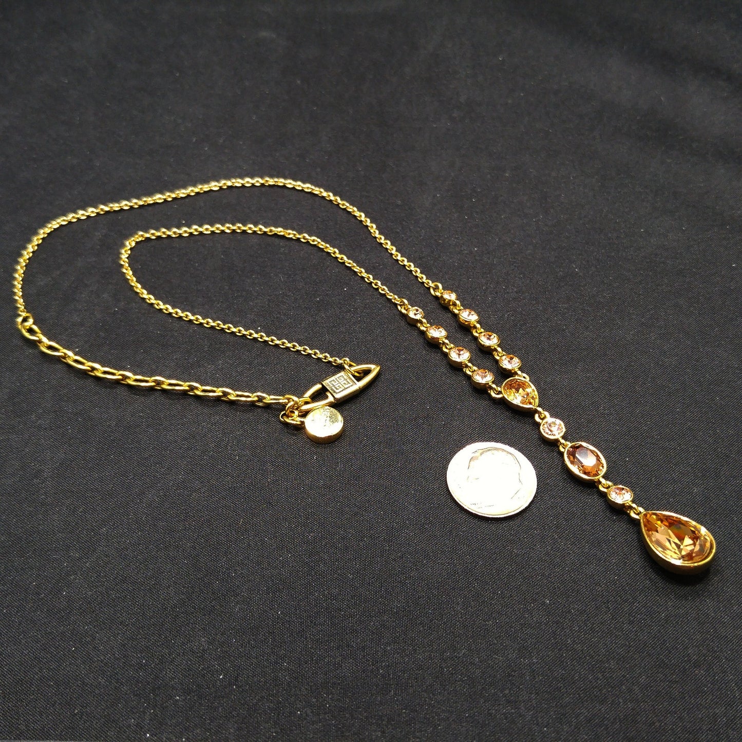 Givenchy Topaz Rhinestone Drop Necklace, Gold Plated, 1990s Vintage Jewelry