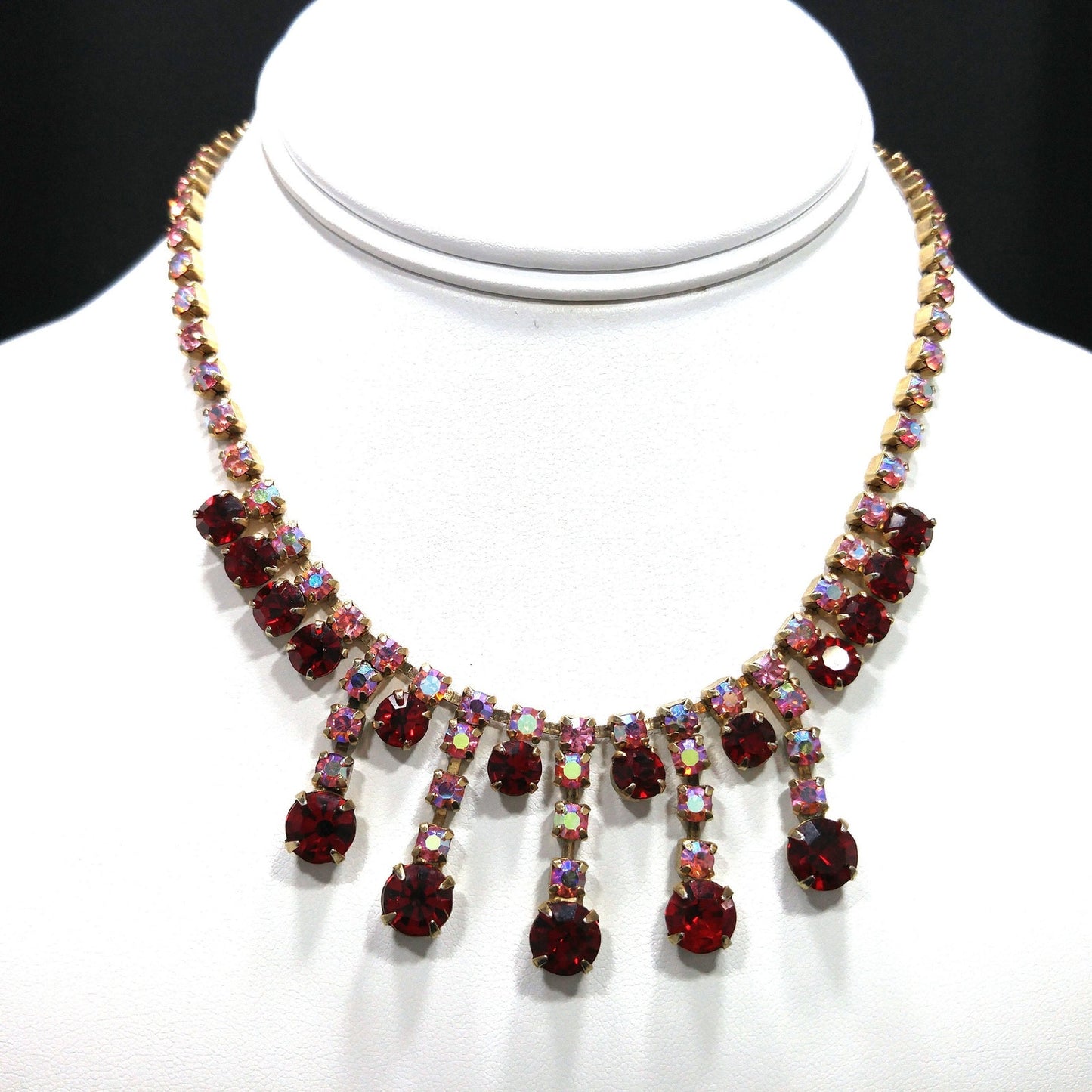 Red Pink Aurora Borealis Rhinestone Choker Necklace, 14 1/2 Inches, 1950s Vintage Jewelry