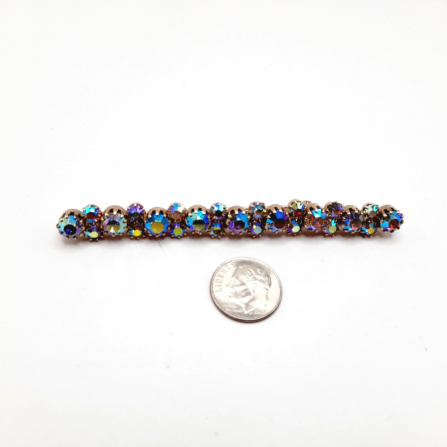 Vintage Aurora Borealis Rhinestone Bar Pin, Gold Plated Backing, Prong Set, 3 1/2 Inch