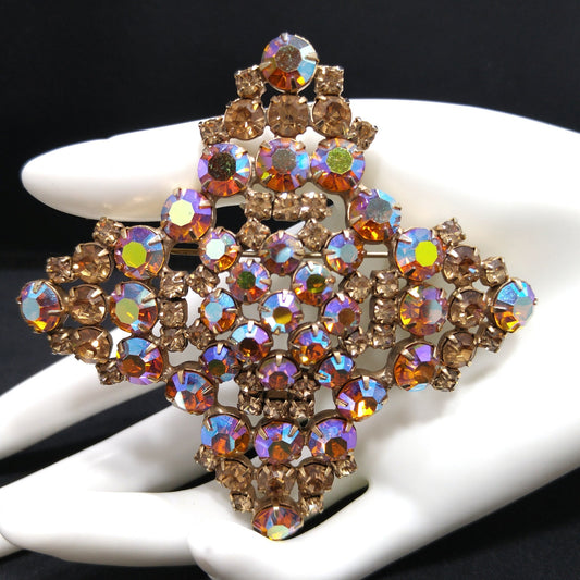 Topaz Glass Rhinestone Large Brooch, Aurora Borealis, 1960s Vintage Jewelry
