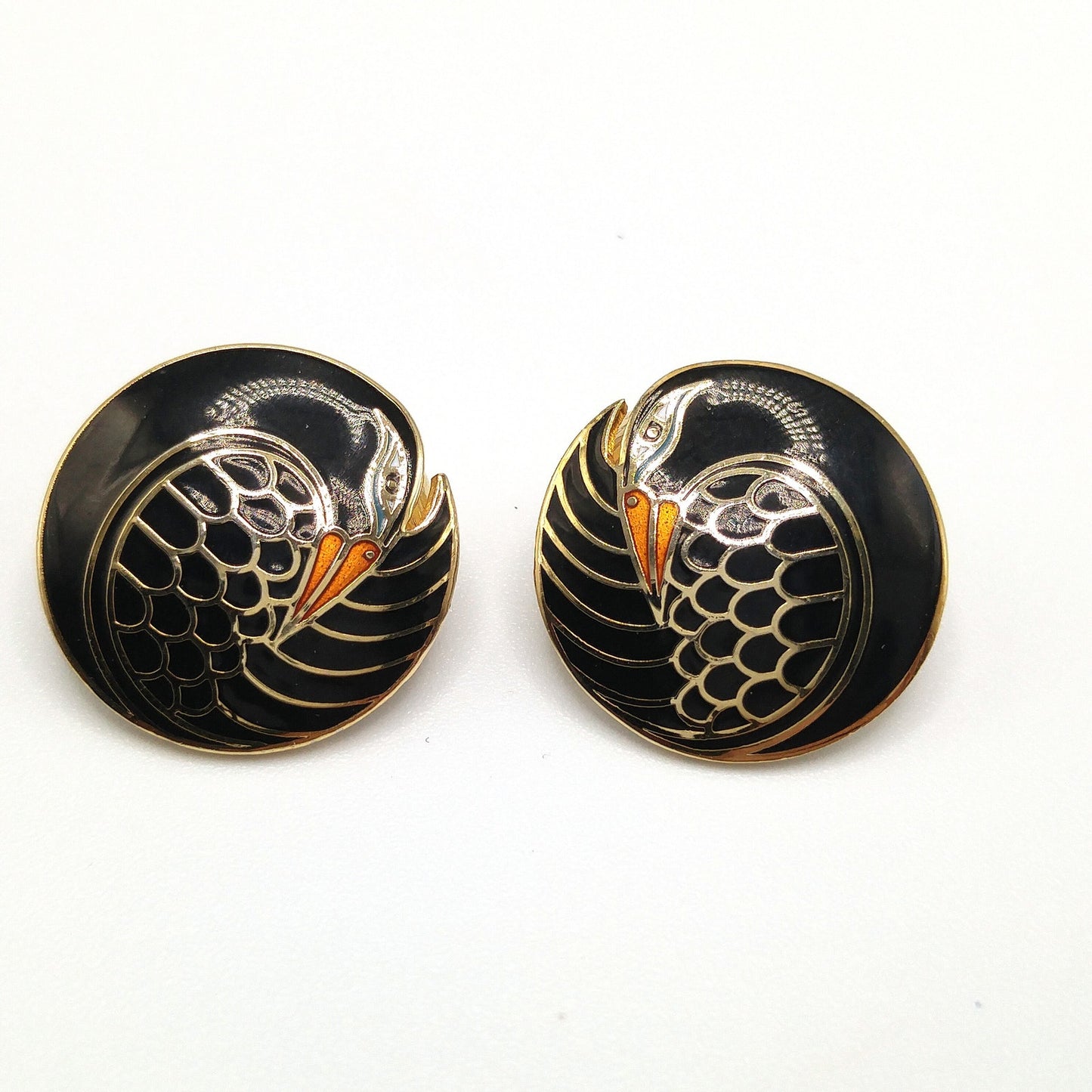 Laurel Burch "Mynah Bird" Black Clip Earrings, Gold Plated, 1980s Vintage