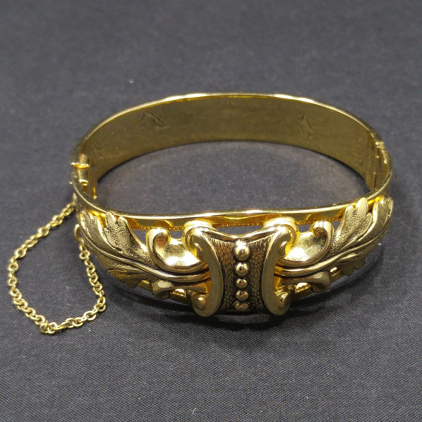 Whiting & Davis Gold Plated Hinged Bracelet, Safety Chain, Snap Lock Clasp, 1960s Vintage Jewelry