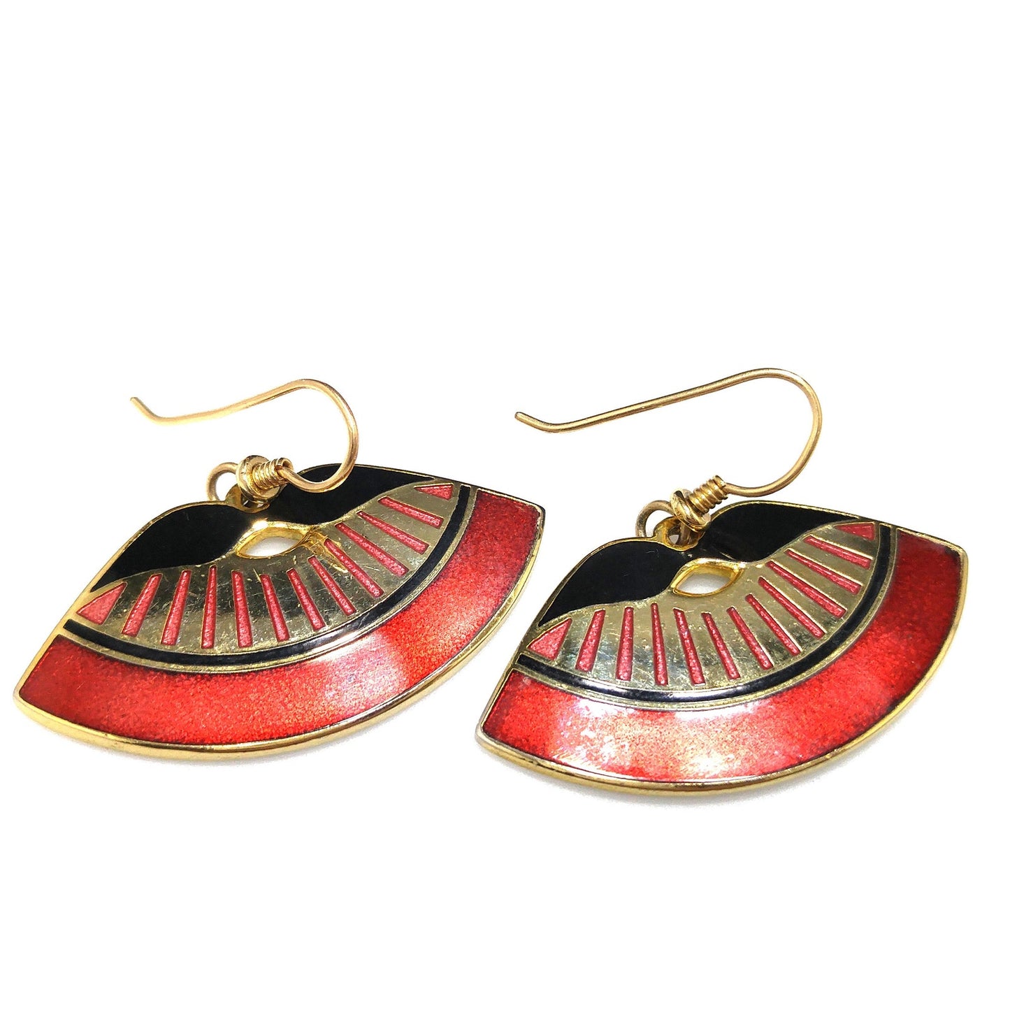 Laurel Burch Metallic Red Fan Earrings, Cloisonne Gold Plate Enamel, 1980s Vintage Jewelry