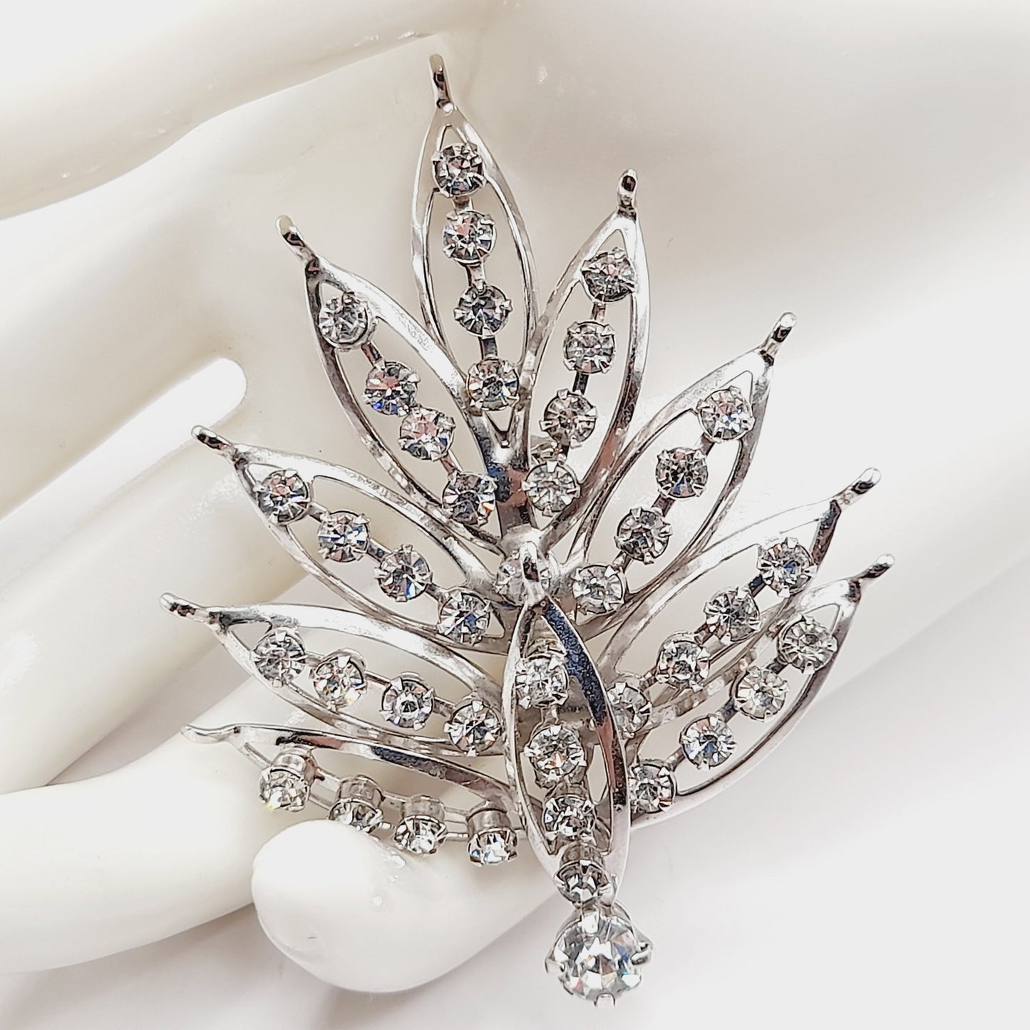 Vintage Clear Rhinestone Leaf Brooch Silver Tone Pin - 2 3/4 Inches Lightweight