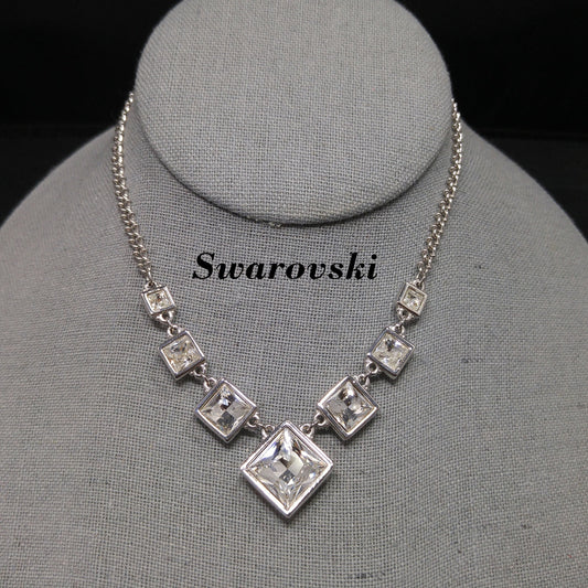 Vintage Swarovski Choker Necklace – Clear Crystal Squares, Rhodium Plated, 1990s