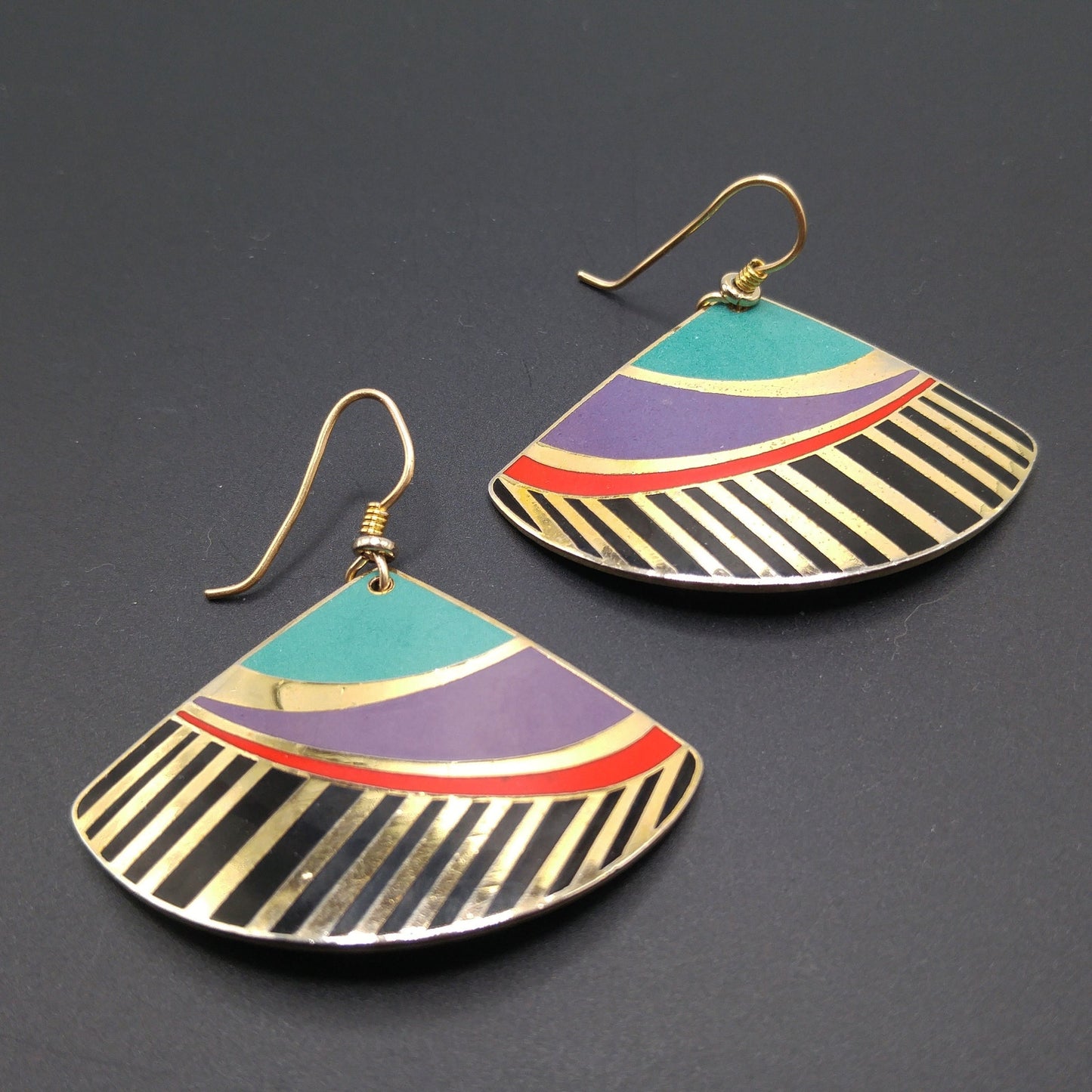 Vintage Laurel Burch Madrid Fan Earrings, Gold Plated, Teal Purple Black Enamel