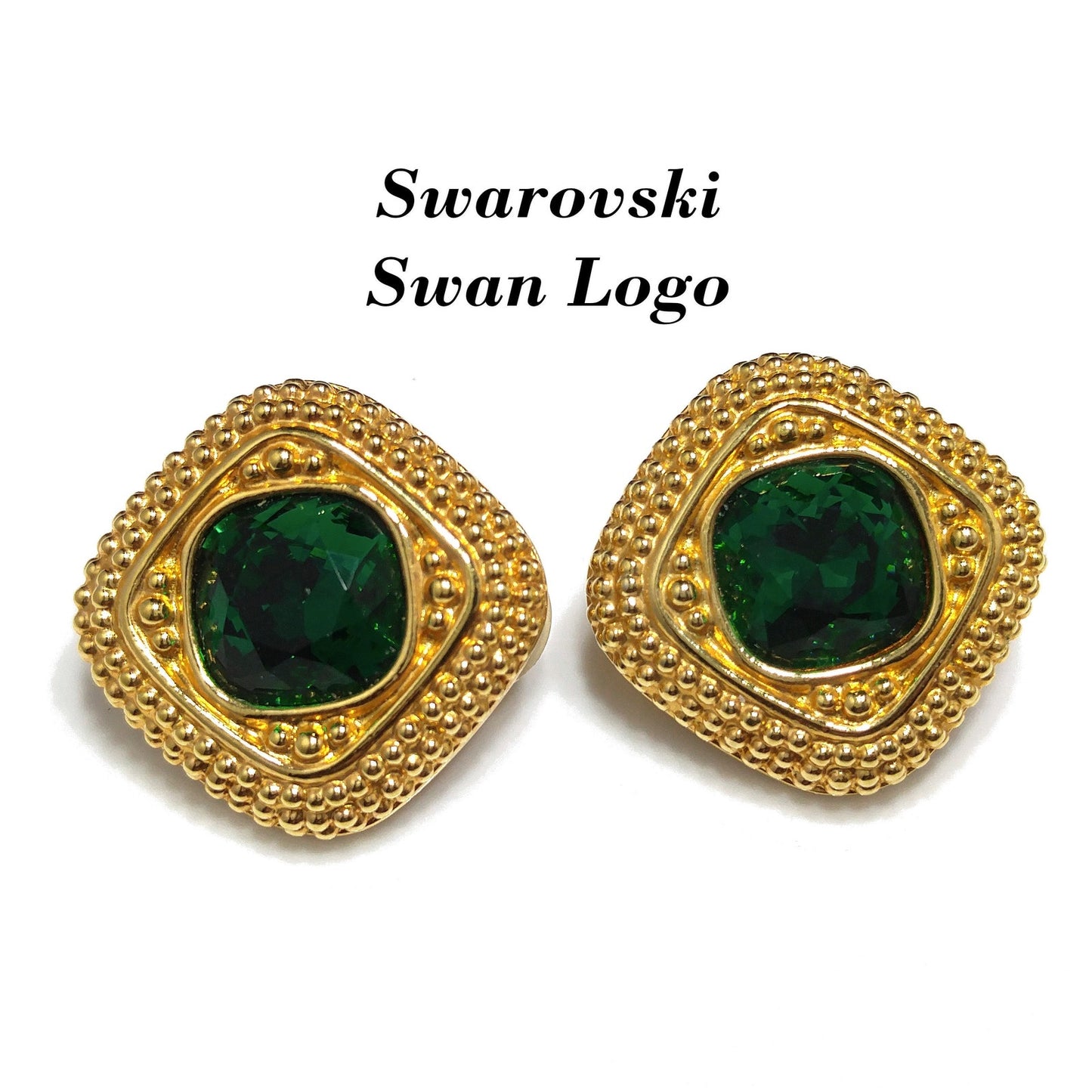 Swarovski Swan Logo Earrings, Emerald Green Crystal, Gold Plated Clip On, 1980s Vintage Jewelry