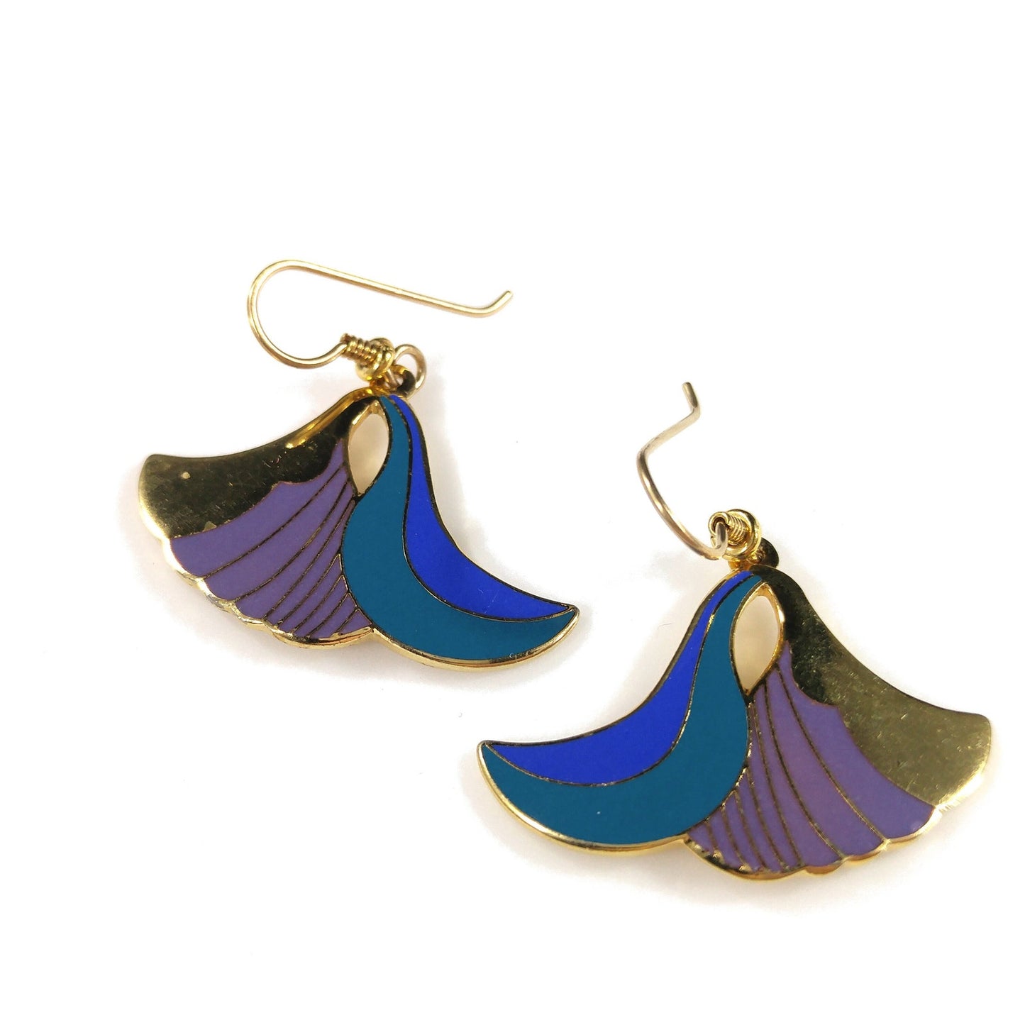Laurel Burch "Egyptian Flower" Dangle Earrings, Gold Plated Cloisonne, Enamel Teal Purple, 1980s Vintage Jewelry