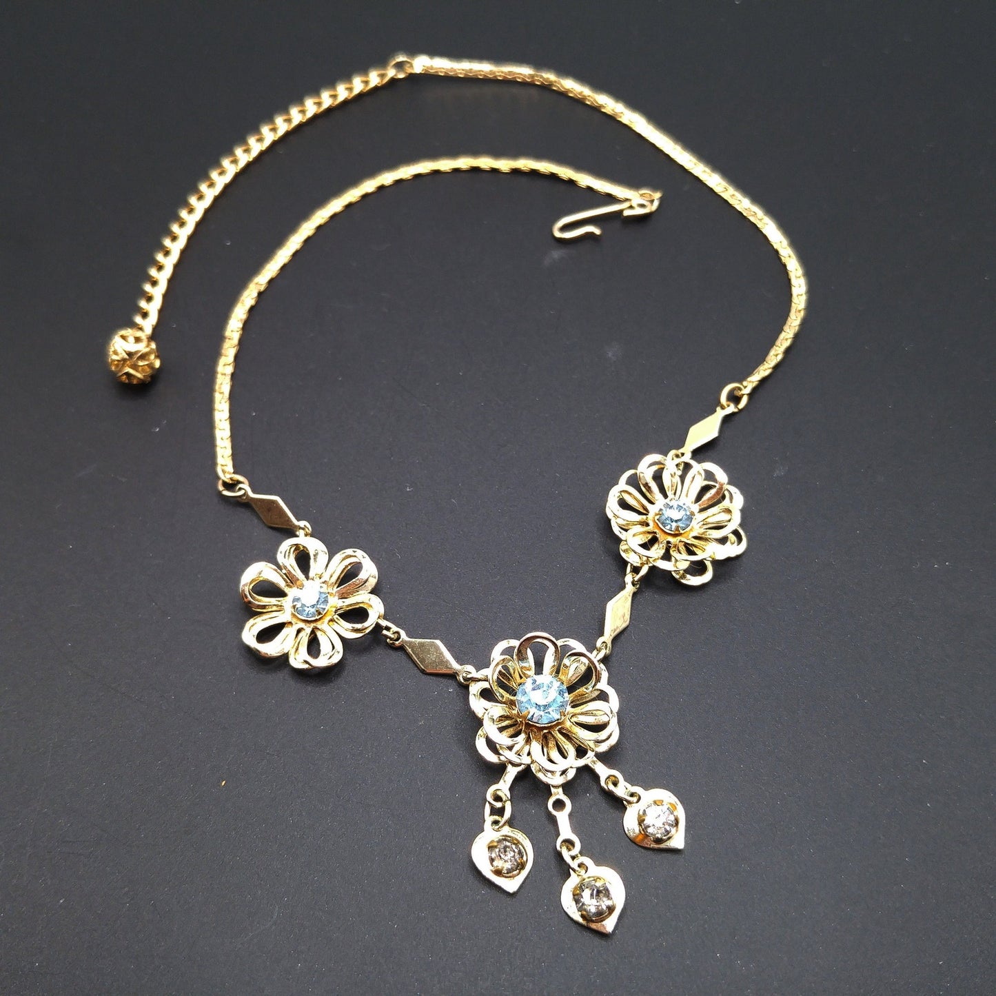 Mid-Century Floral Necklace, Light Blue Rhinestones, Gold Plated, 1950s Vintage Jewelry