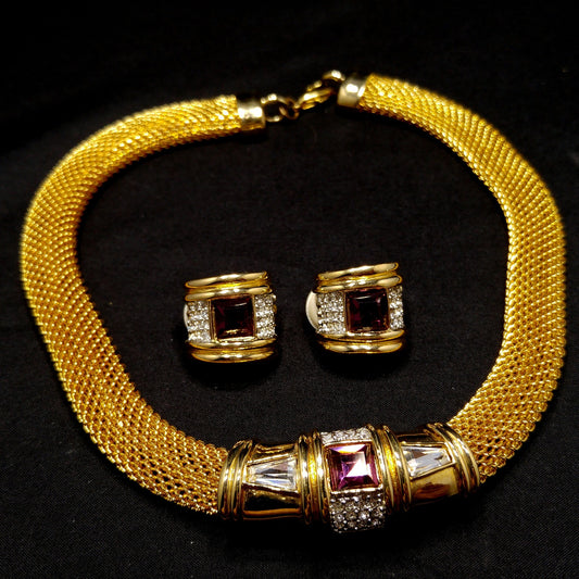 Purple Clear Rhinestone Necklace & Earrings, Gold Plated, 1980s Vintage Jewelry