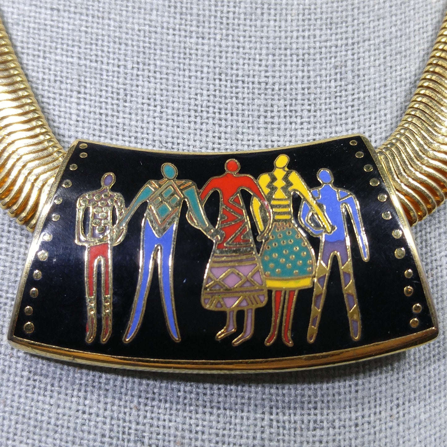 Laurel Burch "Familia" Cloisonne Necklace, Gold Plated Omega Chain, 1980s Vintage Jewelry