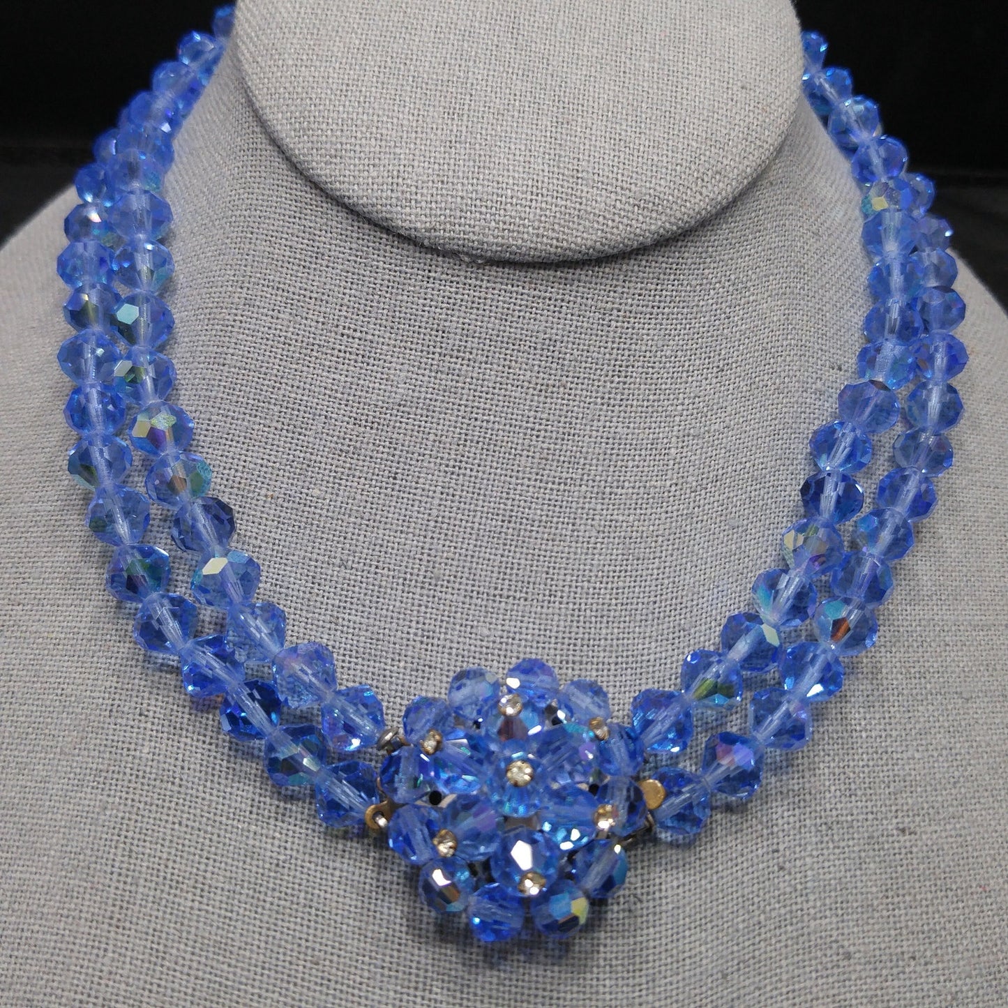 Vintage 1950s Aurora Borealis Blue Crystal Beaded Two-Strand Choker Necklace – Rhinestone Clasp