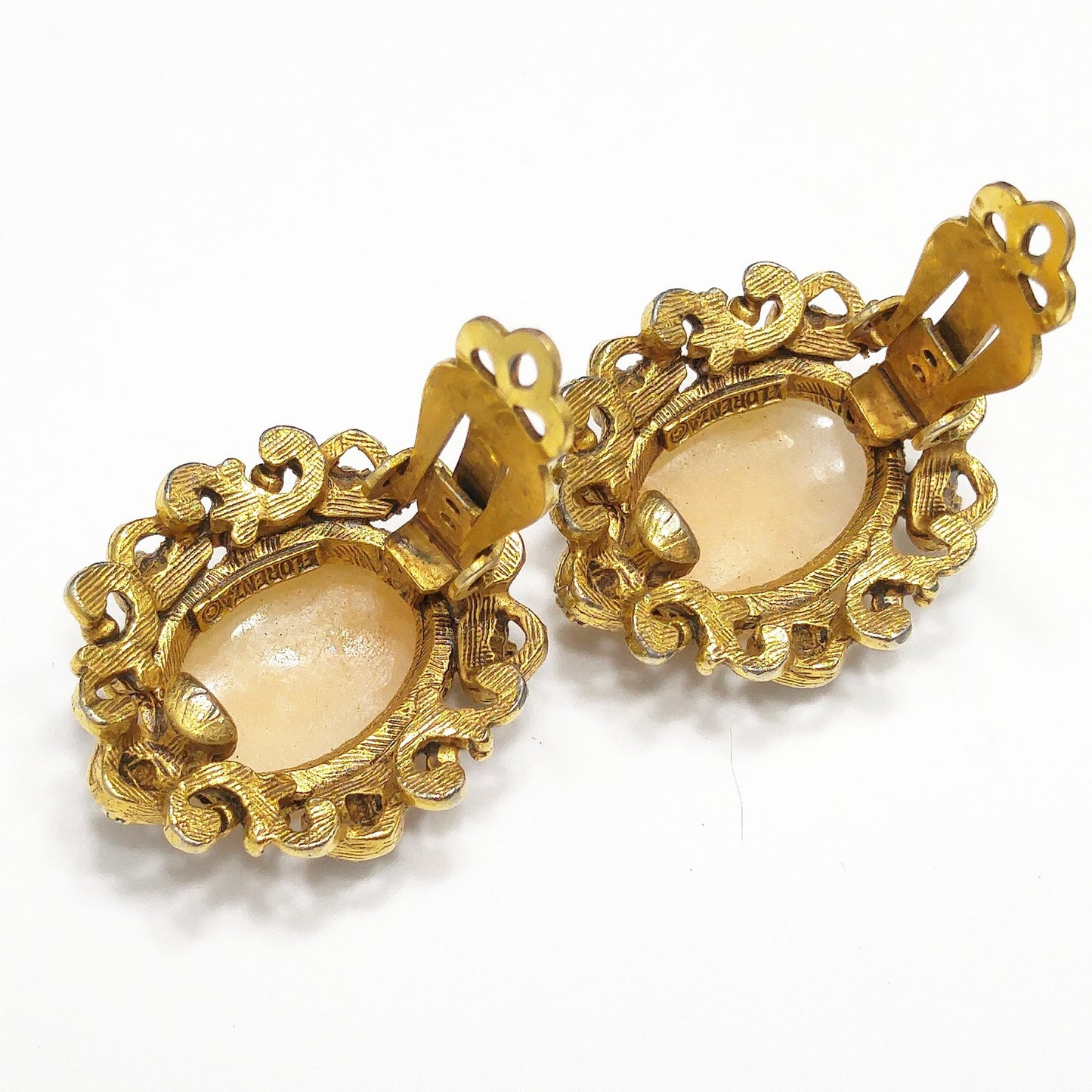 Florenza Cameo Clip Earrings, Hand-carved Shell, Gold Plated, 1950s Vintage Jewelry