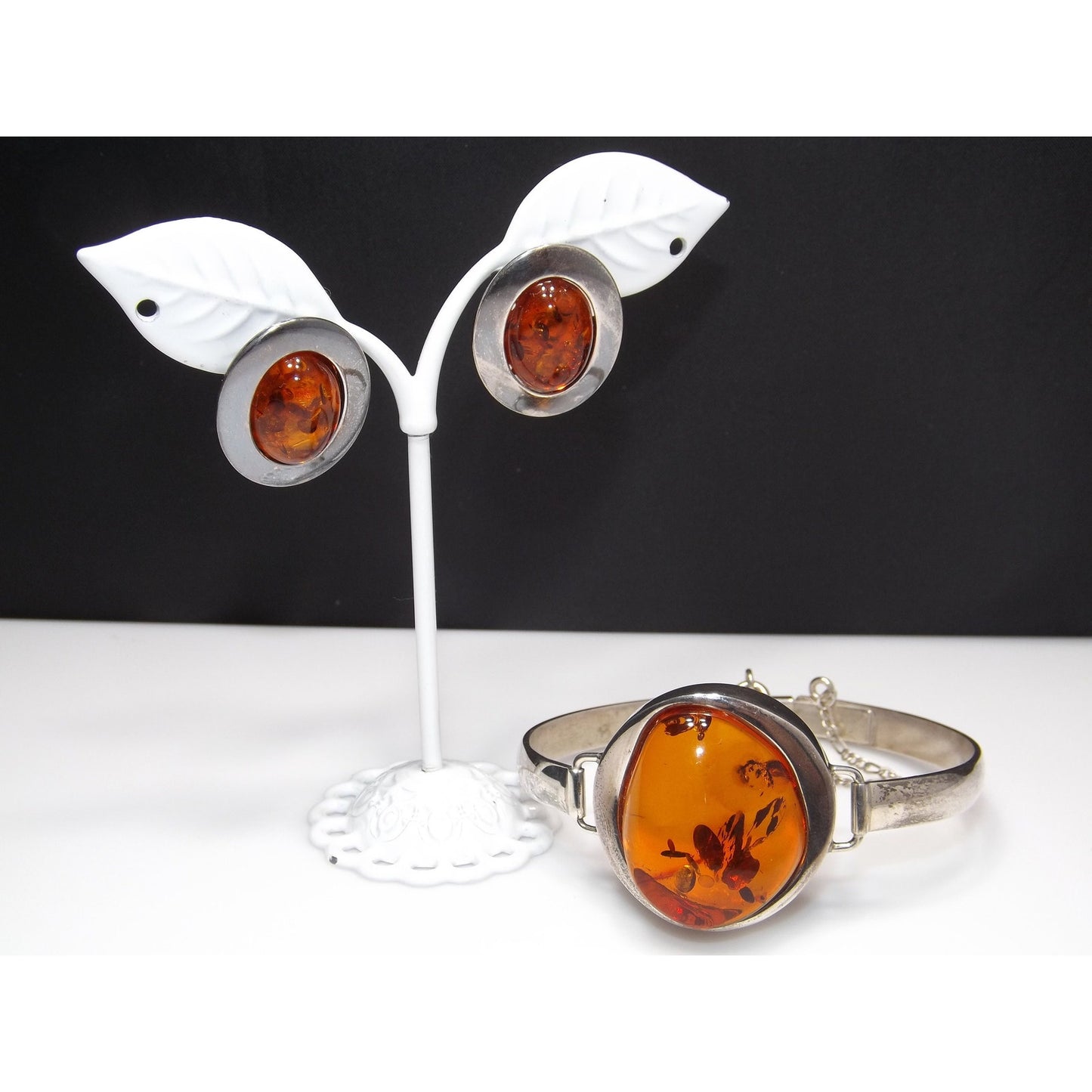 Sterling Silver Baltic Amber Cuff Bracelet Earrings Set, Poland 925 AT1, 1990s Vintage Jewelry