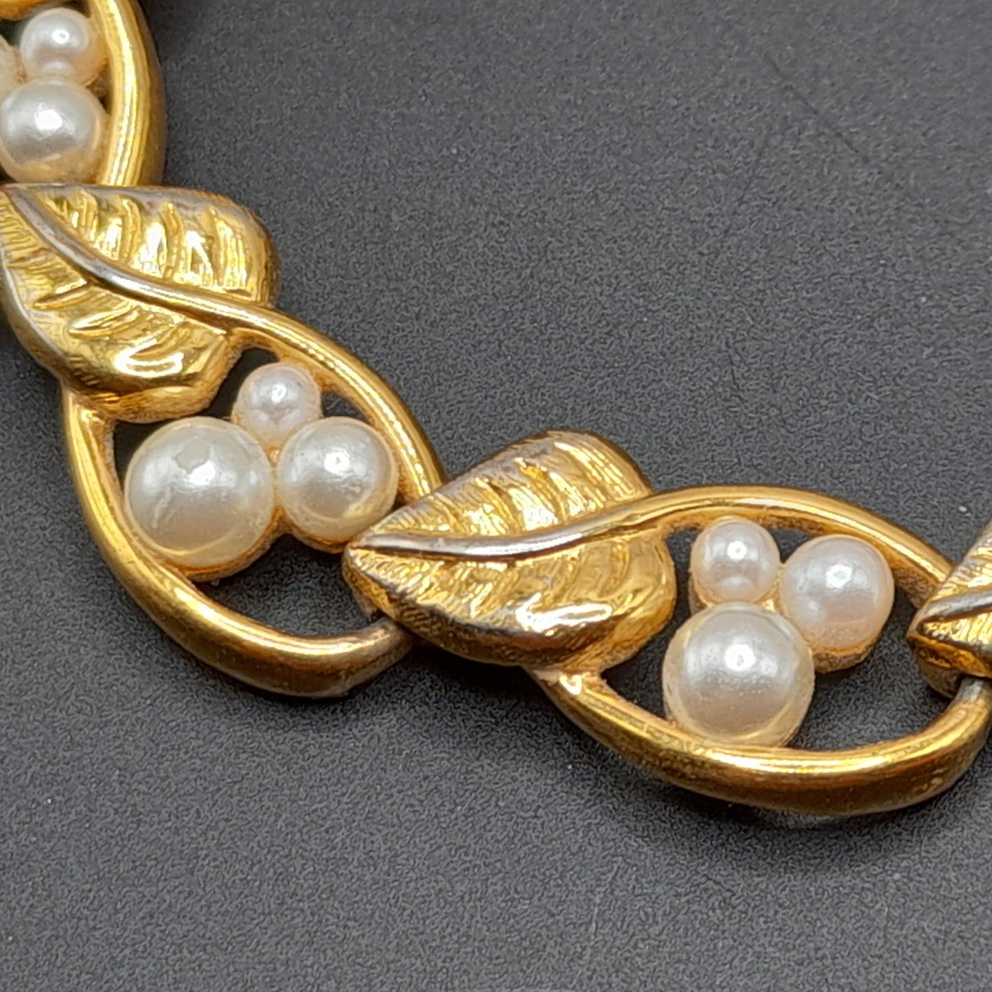 Vintage Napier 1980s Faux Pearl Leaves Gold Tone Bracelet, Pat. #4.774.743
