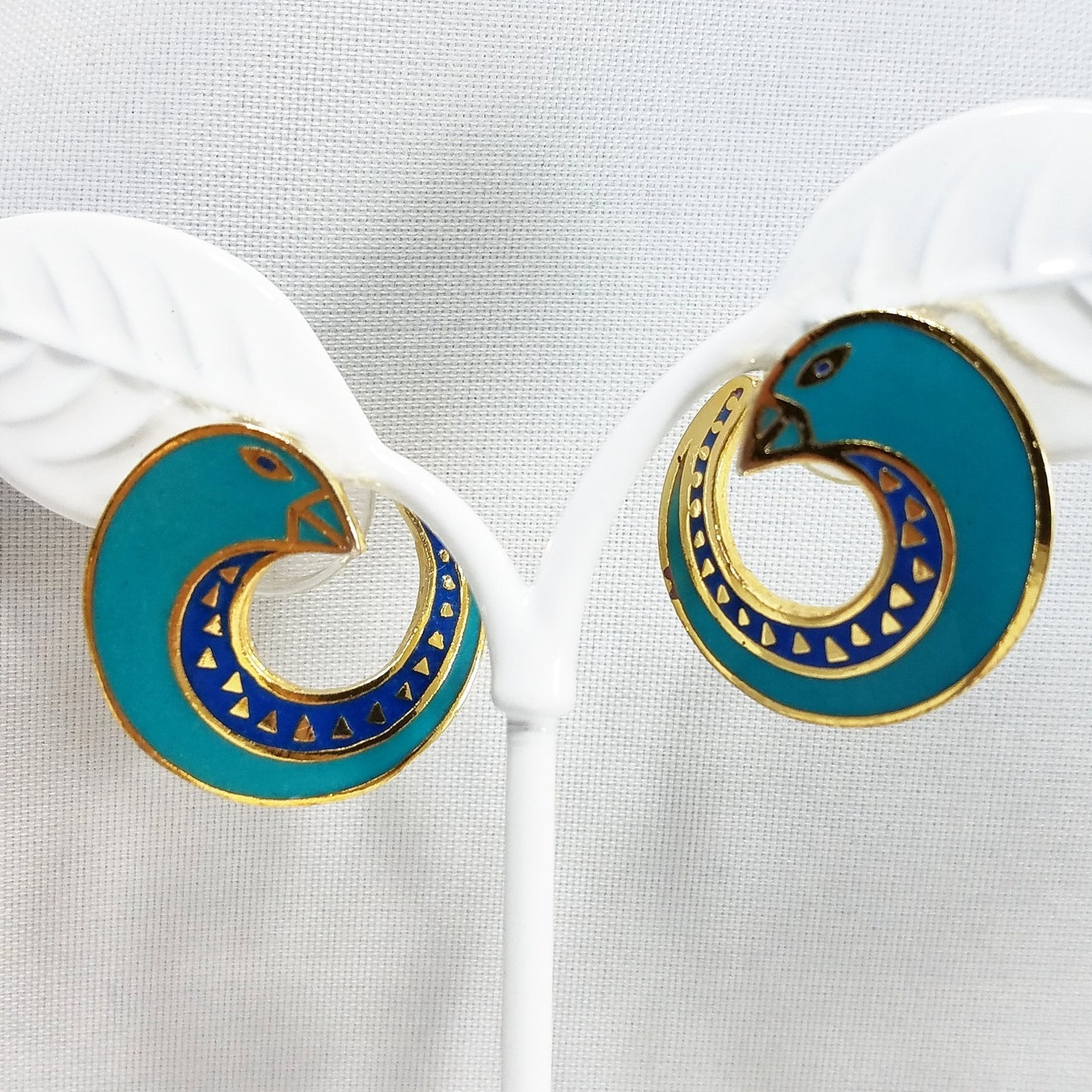 Vintage Laurel Burch "Celine" Bird Earrings, Gold Plated Cloisonne &Enamel, 1980