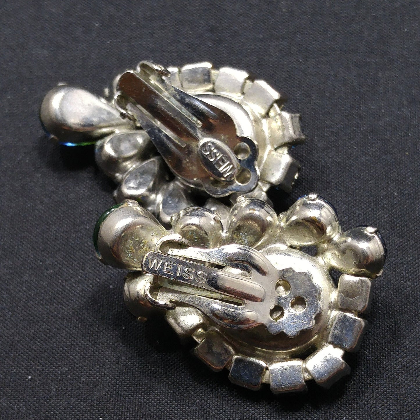Weiss Blue Green Rhinestone Earrings, Rhodium Plated, 1950s Vintage Jewelry